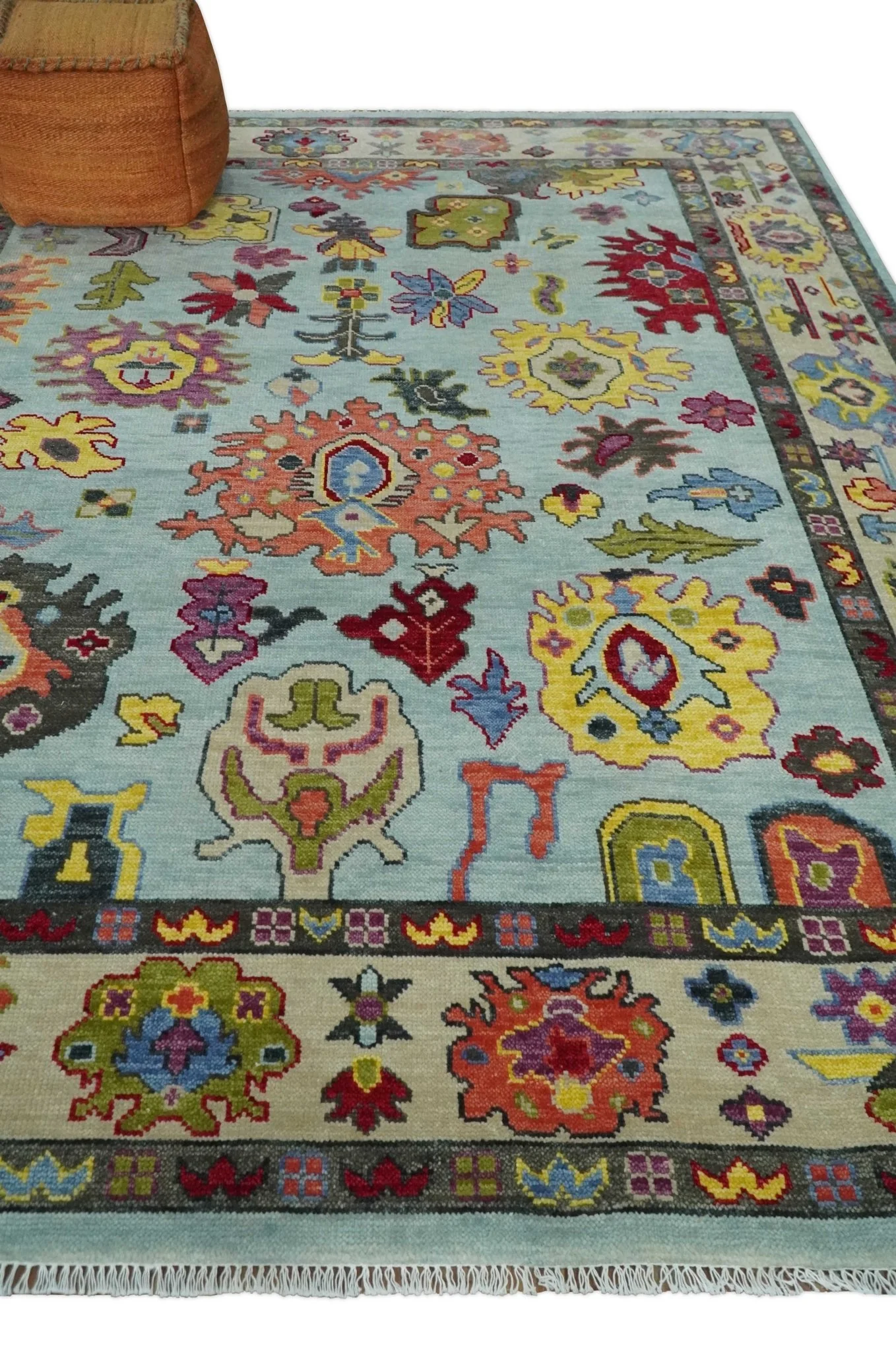 Hand Knotted Custom Made Blue and Beige Modern Oushak Wool Area Rug - Image 3