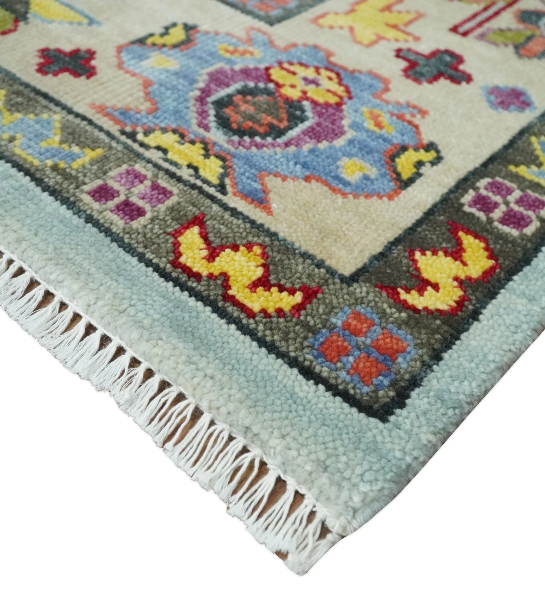 Hand Knotted Custom Made Blue and Beige Modern Oushak Wool Area Rug - Image 5