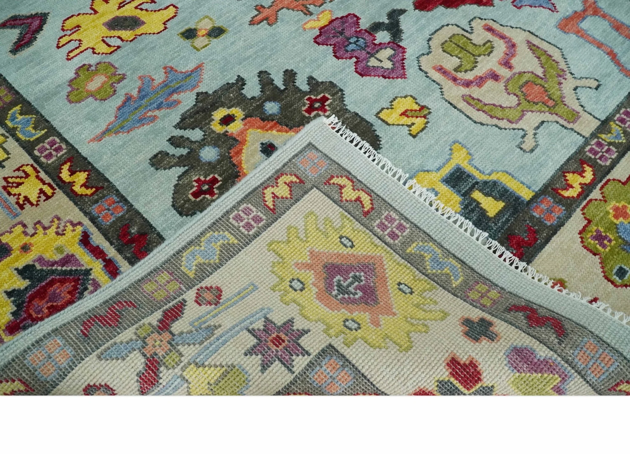 Hand Knotted Custom Made Blue and Beige Modern Oushak Wool Area Rug - Image 6