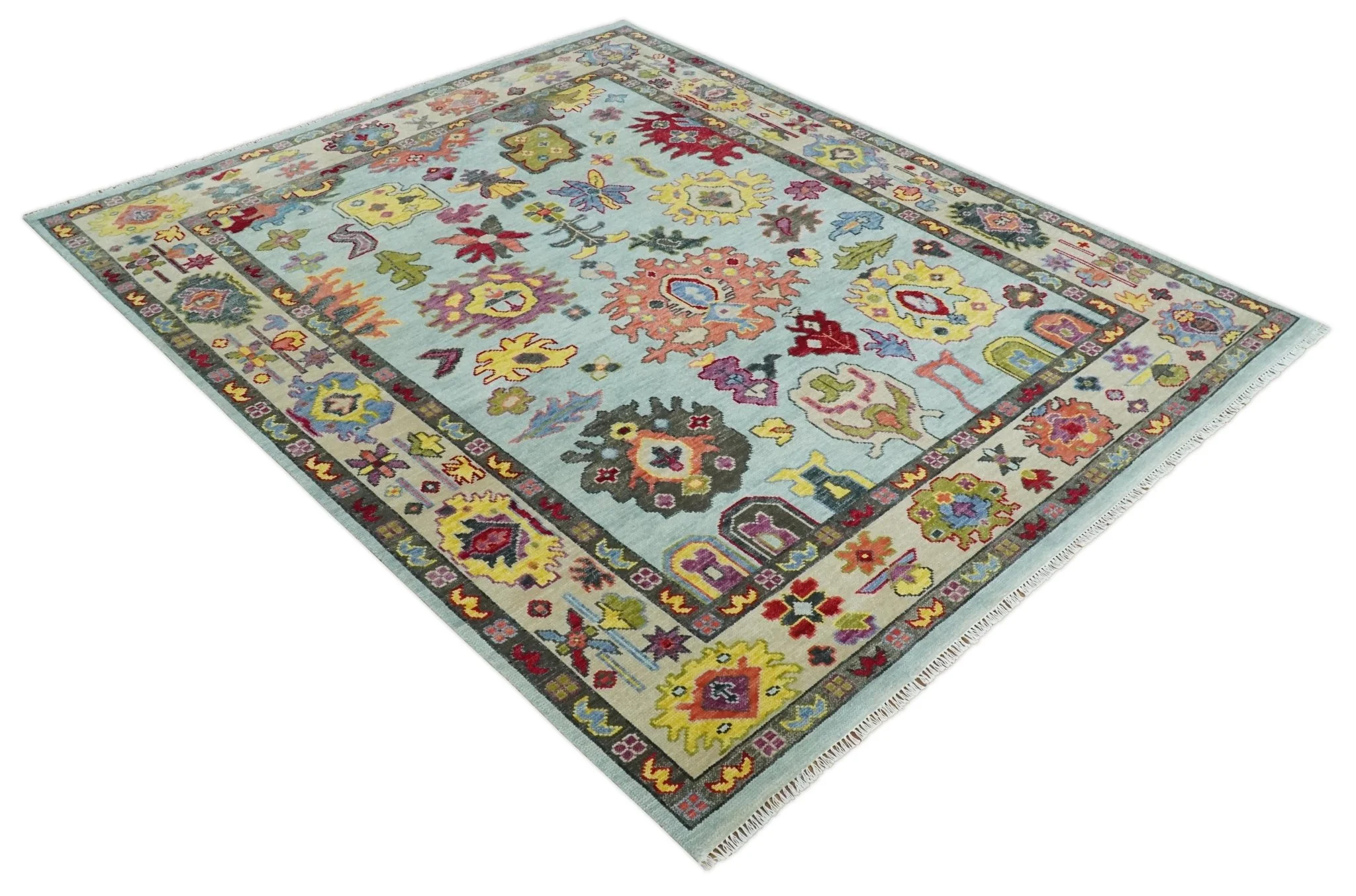 Hand Knotted Custom Made Blue and Beige Modern Oushak Wool Area Rug - Image 8