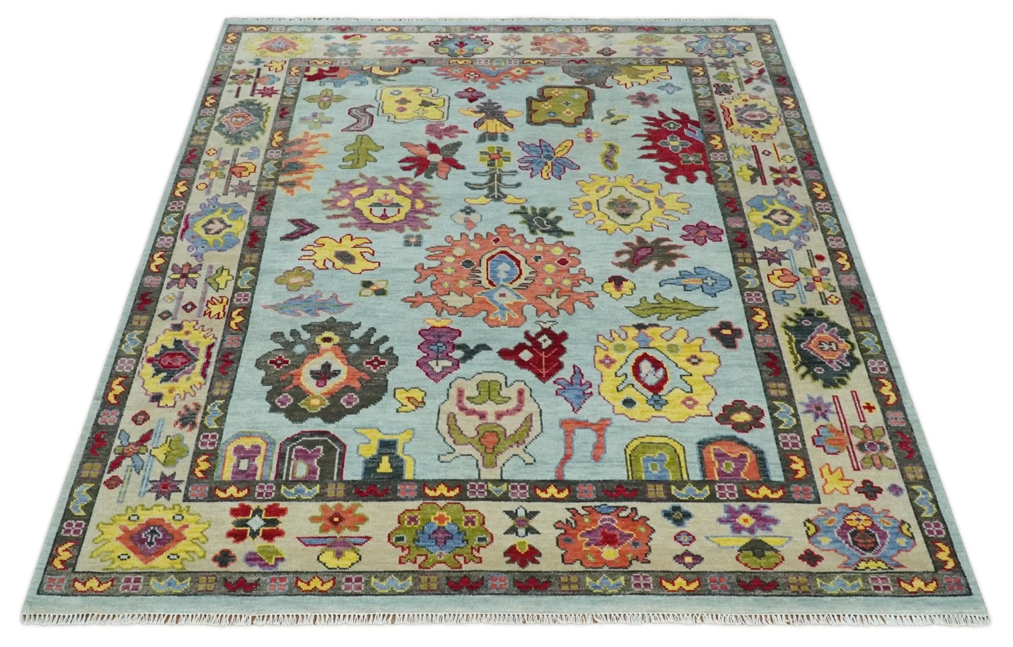 Hand Knotted Custom Made Blue and Beige Modern Oushak Wool Area Rug - Image 9