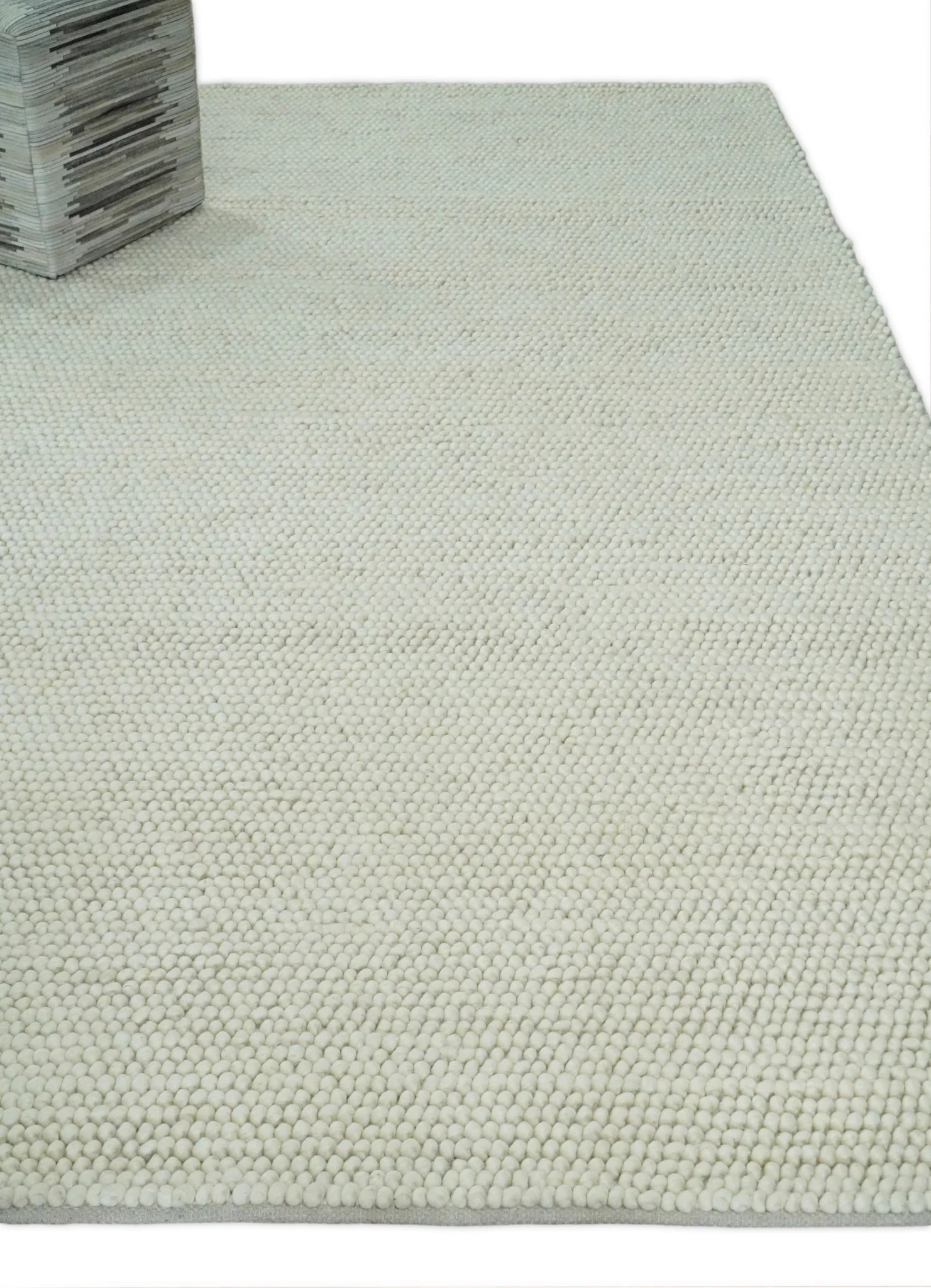 Solid Ivory Wool Felted Chunky Hand Woven Contemporary Area Rug - Image 4