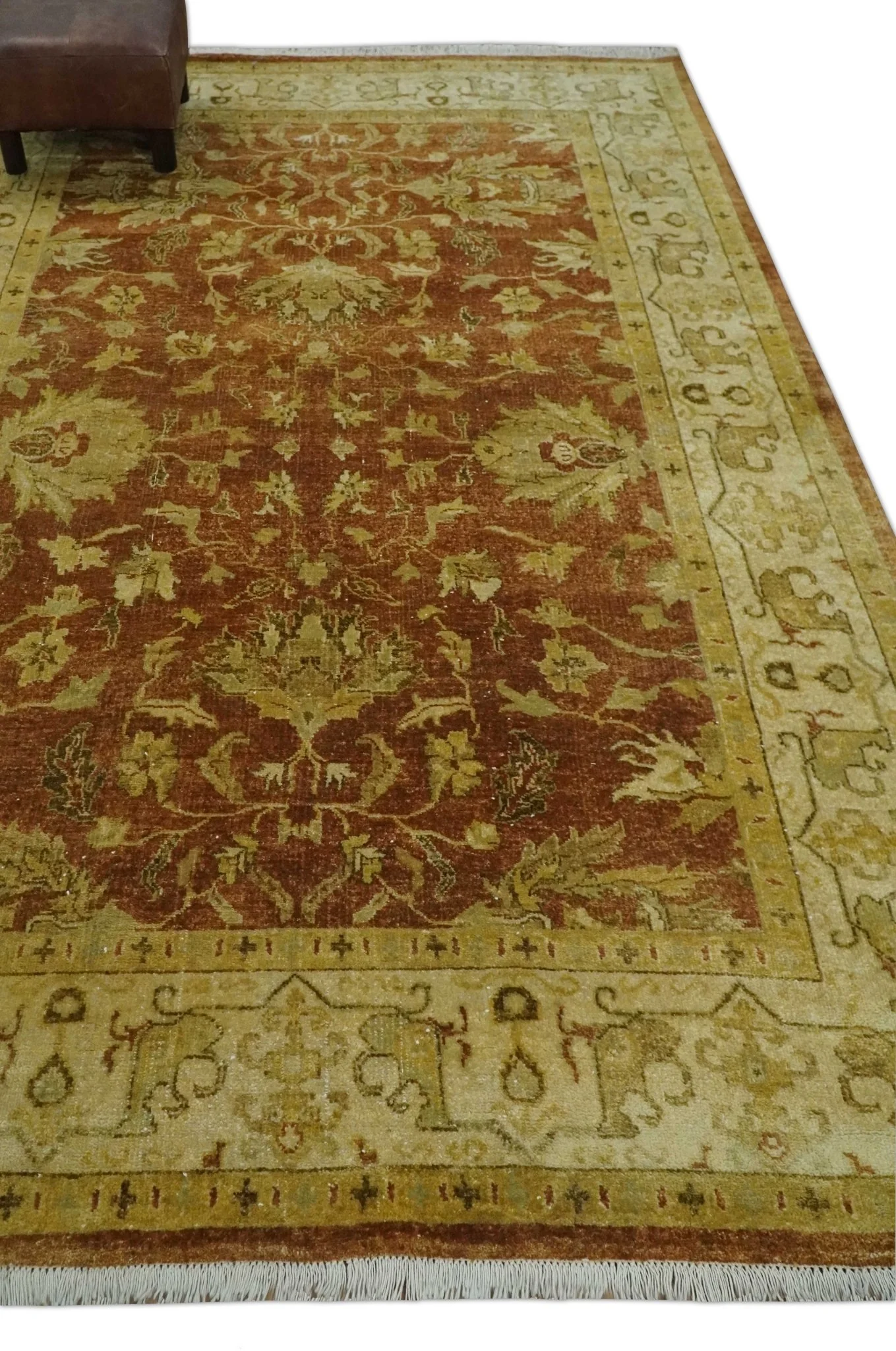 6x9 Hand Knotted Beige and Rust Traditional Oushak Wool Area Rug - Image 3