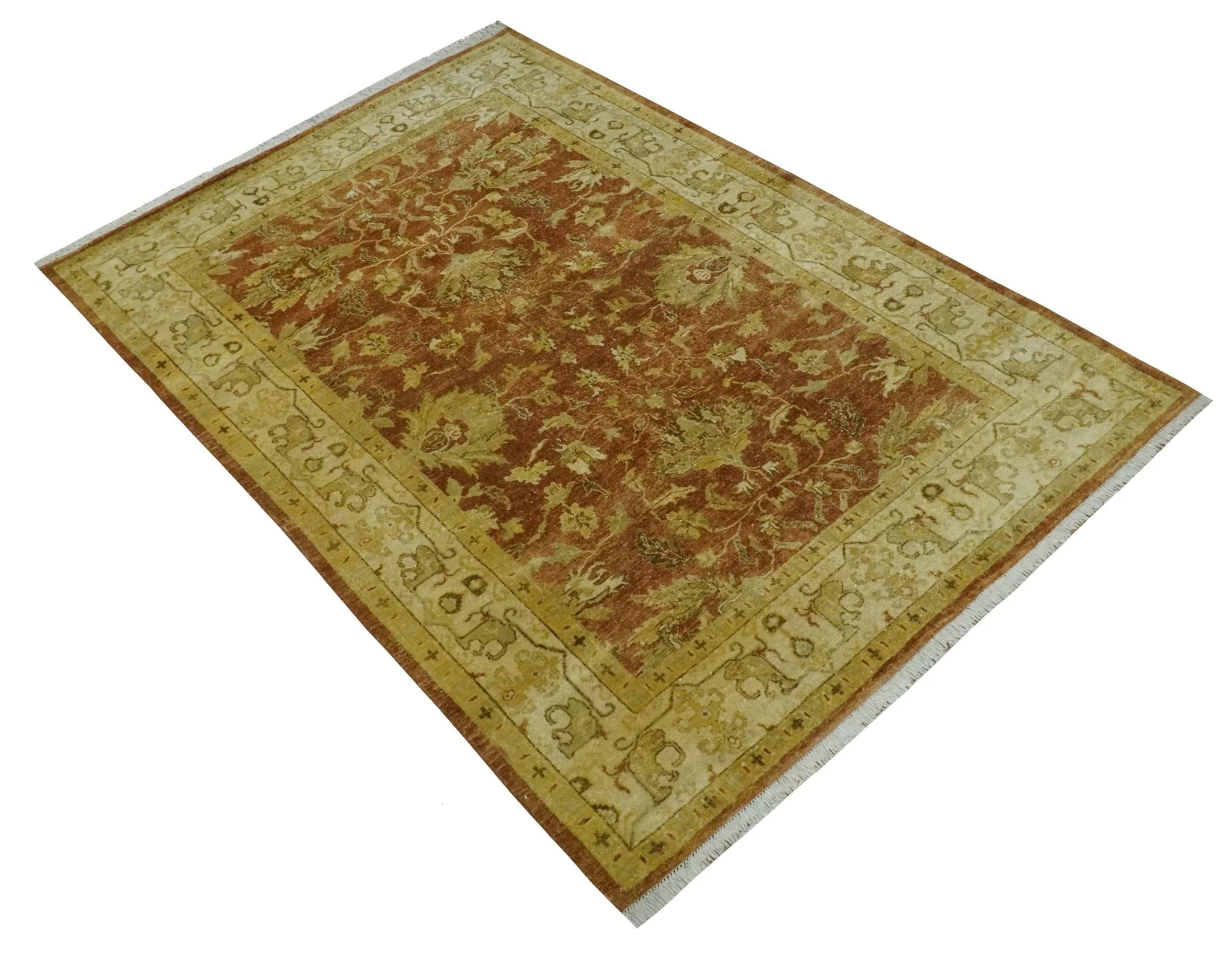 6x9 Hand Knotted Beige and Rust Traditional Oushak Wool Area Rug - Image 9