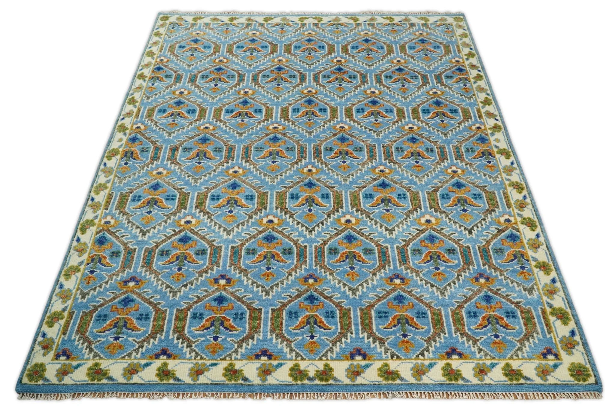 Blue, Brown and Beige Hand Knotted Wool Antique Vintage Style Multi size wool Area Rug - Image 12