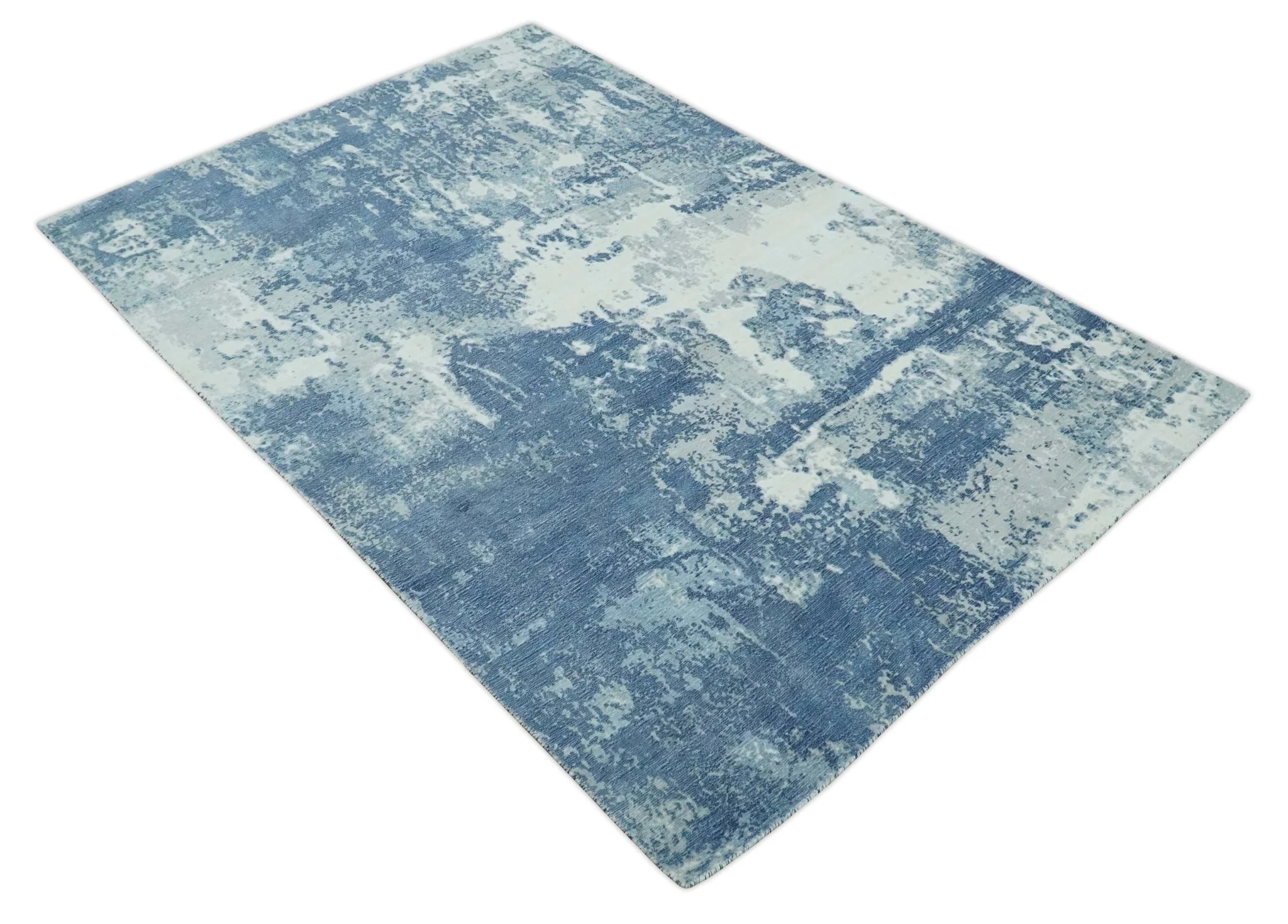 6x9 Blue, Ivory and Gray Modern Abstract Hand Loomed Blended wool and Art silk Area Rug - Image 10