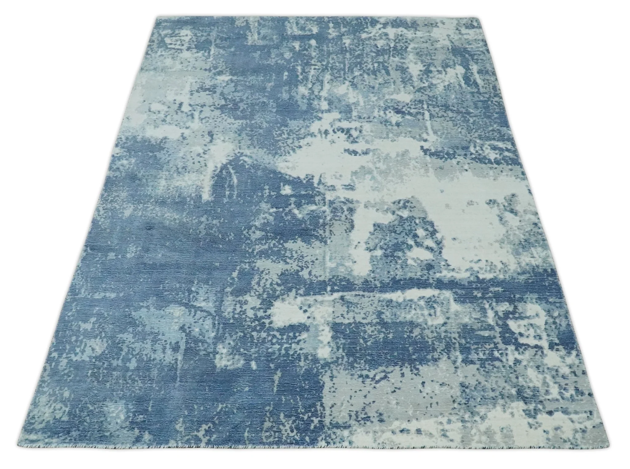 6x9 Blue, Ivory and Gray Modern Abstract Hand Loomed Blended wool and Art silk Area Rug - Image 9