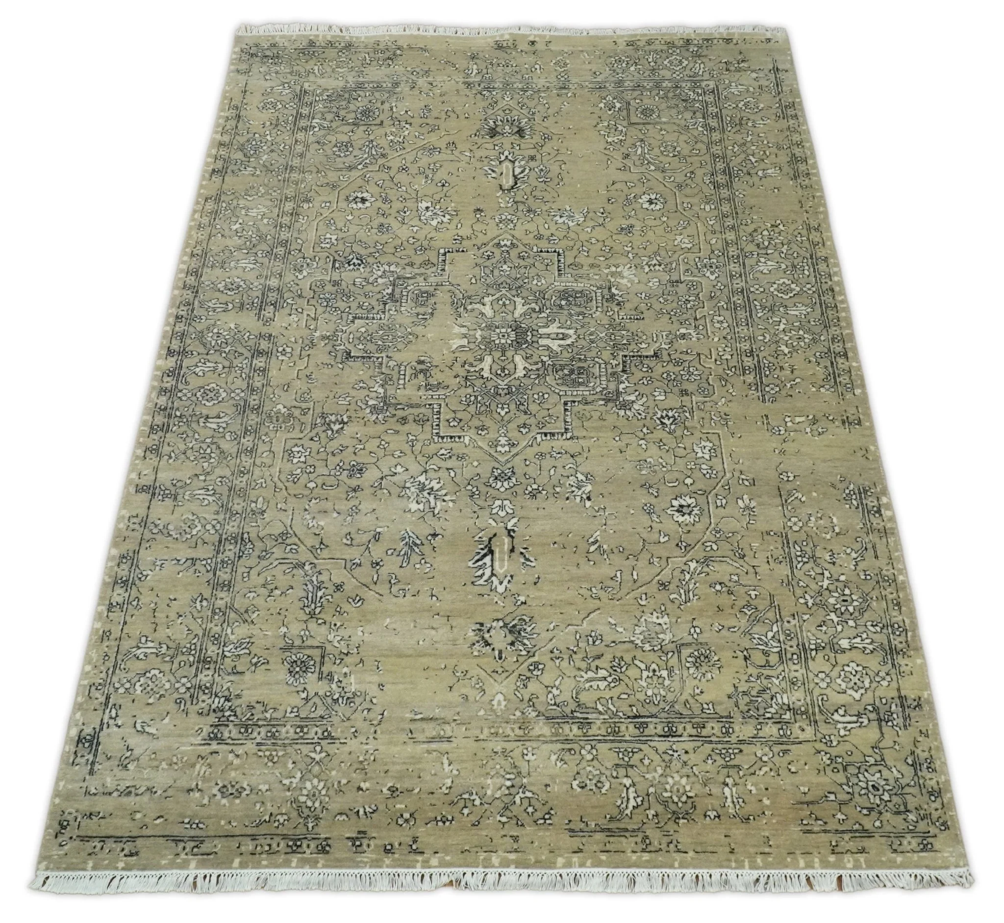 6x9 Fine Hand Knotted Beige and Black Traditional Vintage Persian Style Antique Wool Rug | AGR4 - Image 10