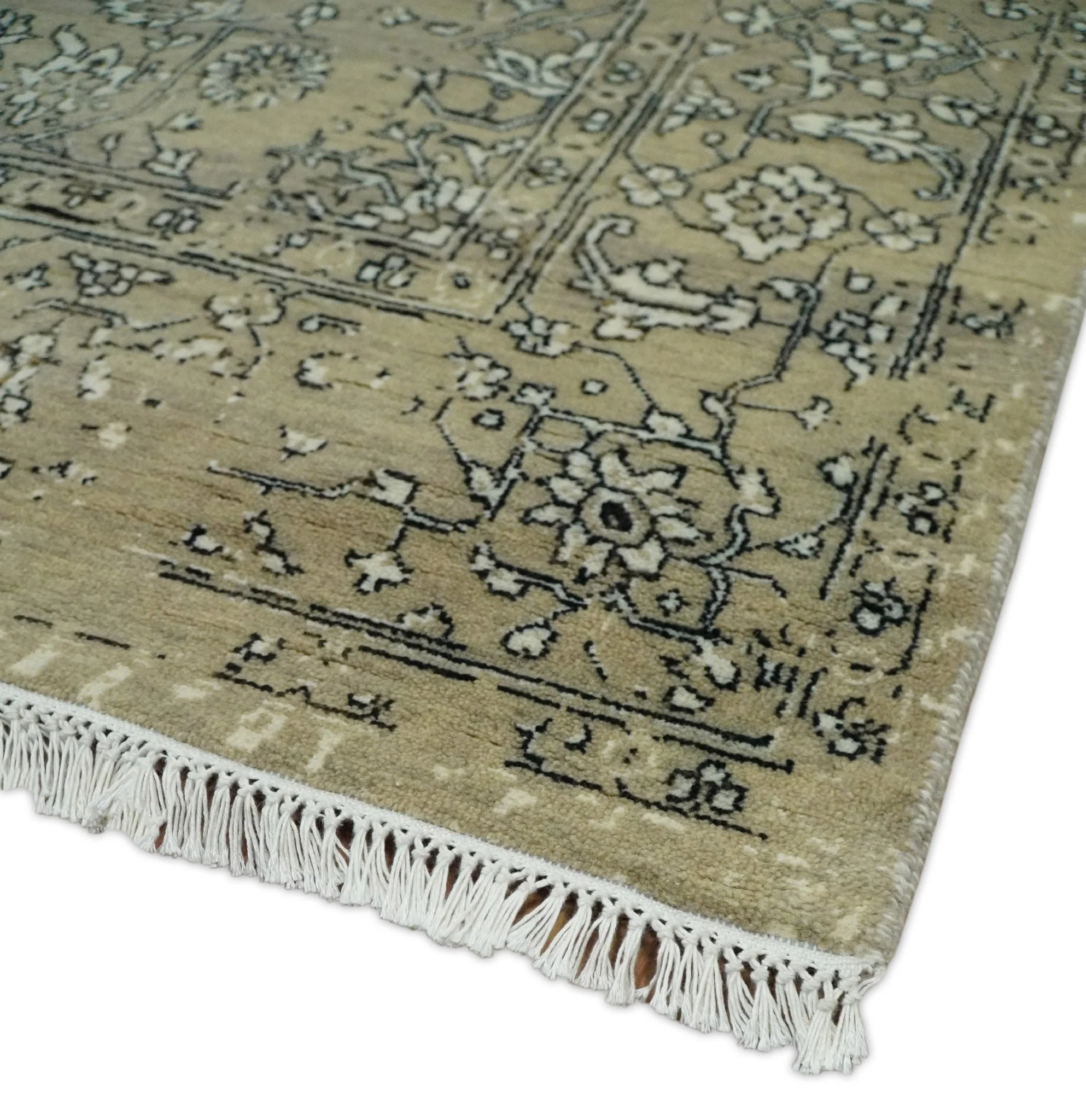 6x9 Fine Hand Knotted Beige and Black Traditional Vintage Persian Style Antique Wool Rug | AGR4 - Image 5