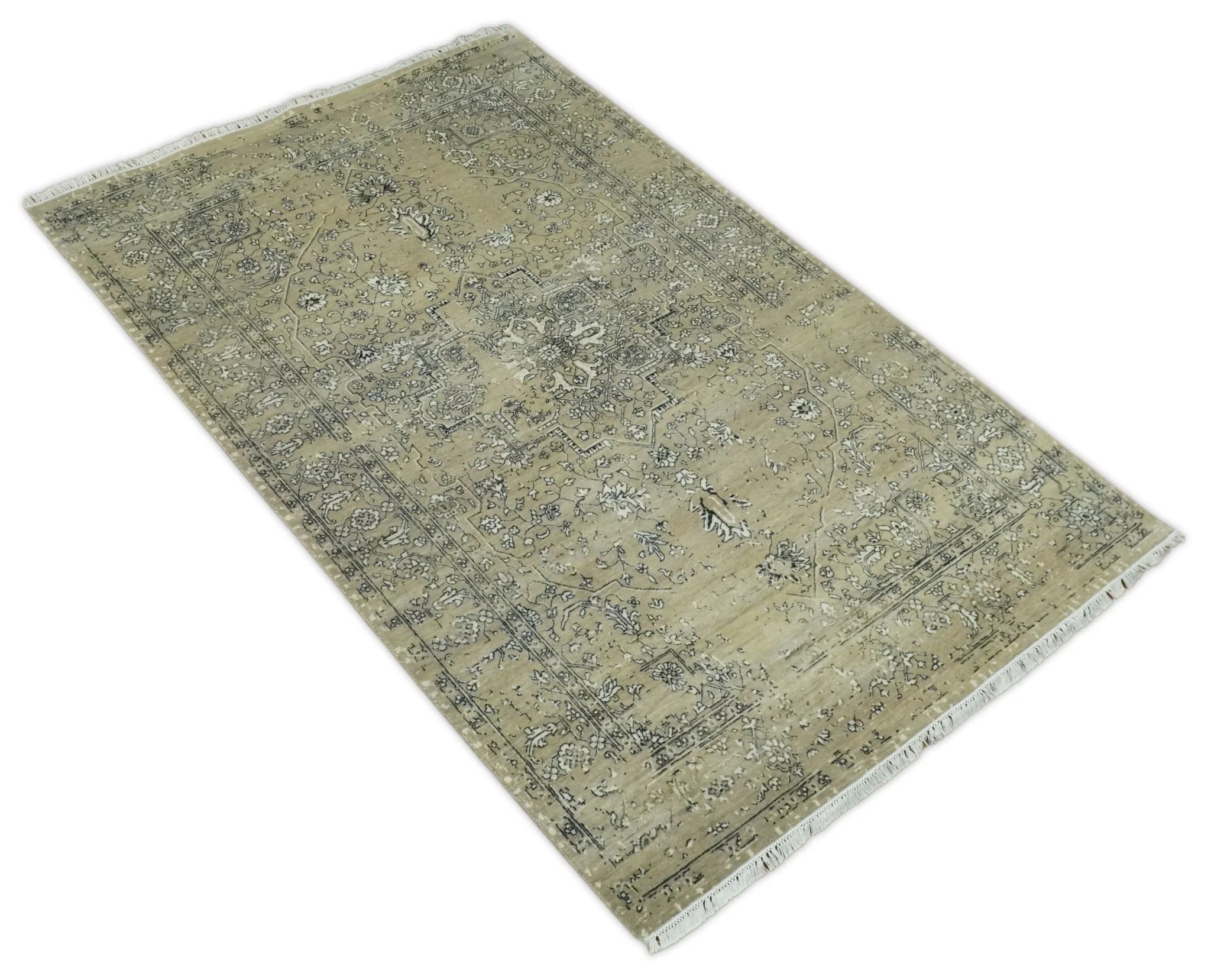 6x9 Fine Hand Knotted Beige and Black Traditional Vintage Persian Style Antique Wool Rug | AGR4 - Image 9
