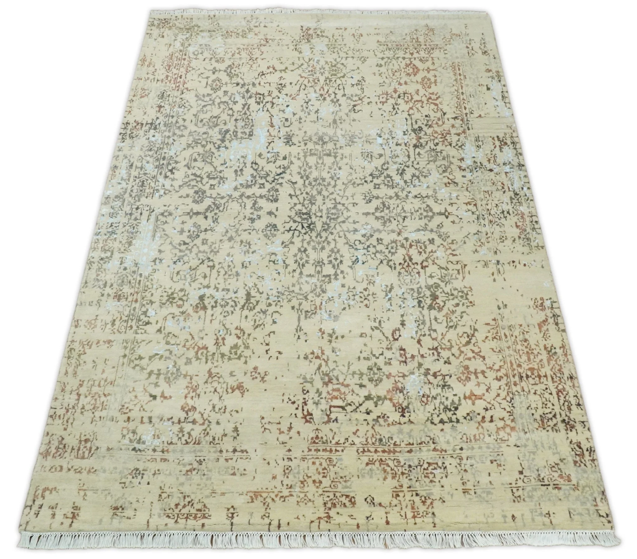 6x9 Fine Hand Knotted Beige and Rust Traditional Vintage Persian Style Antique Wool and Silk Rug | AGR2 - Image 12