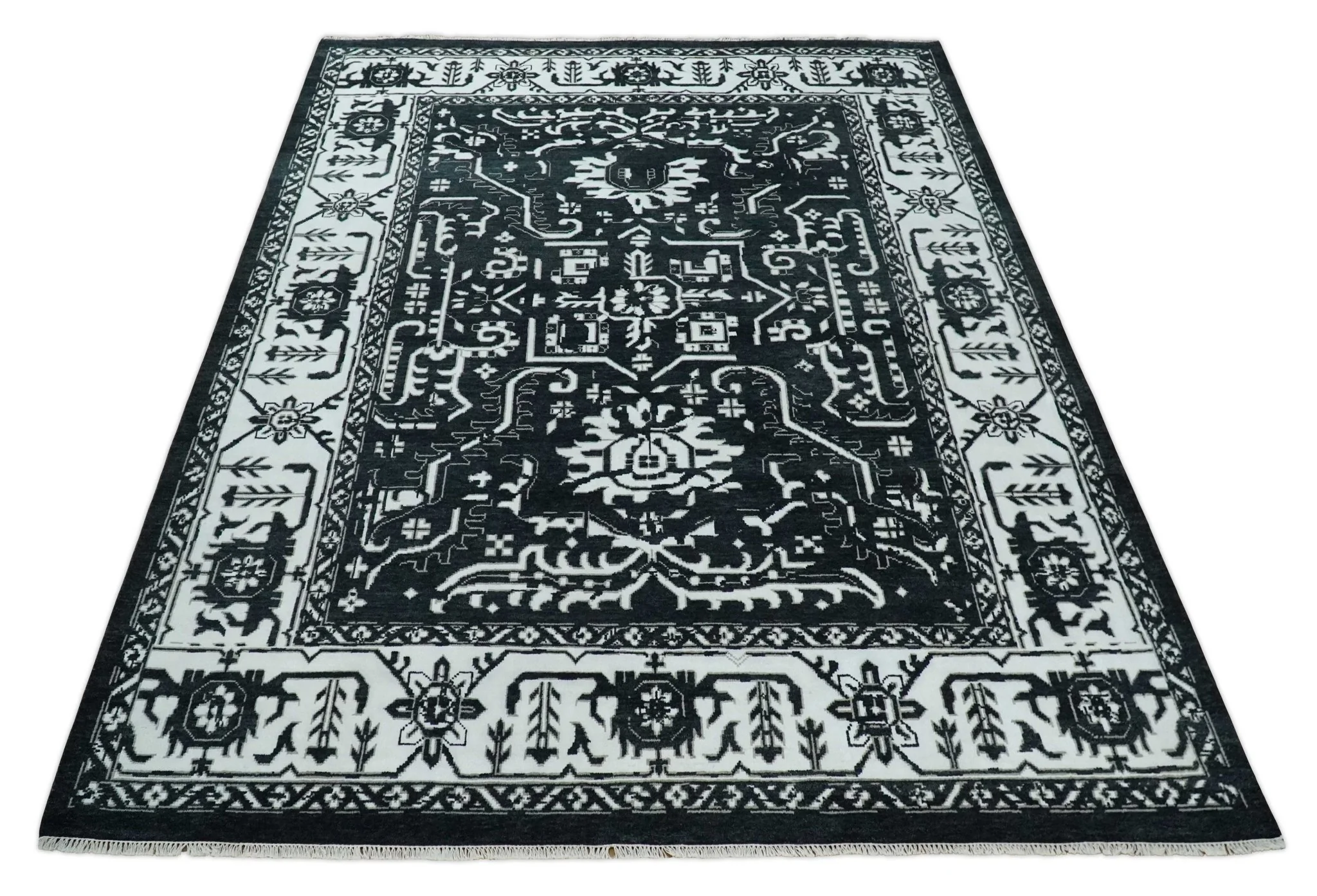Black and White 6x9, 8x10 and 9x12 Hand Knotted Traditional Persian Oushak Wool and Viscose Rug, Accent Rug | TRDCP840 - Image 11