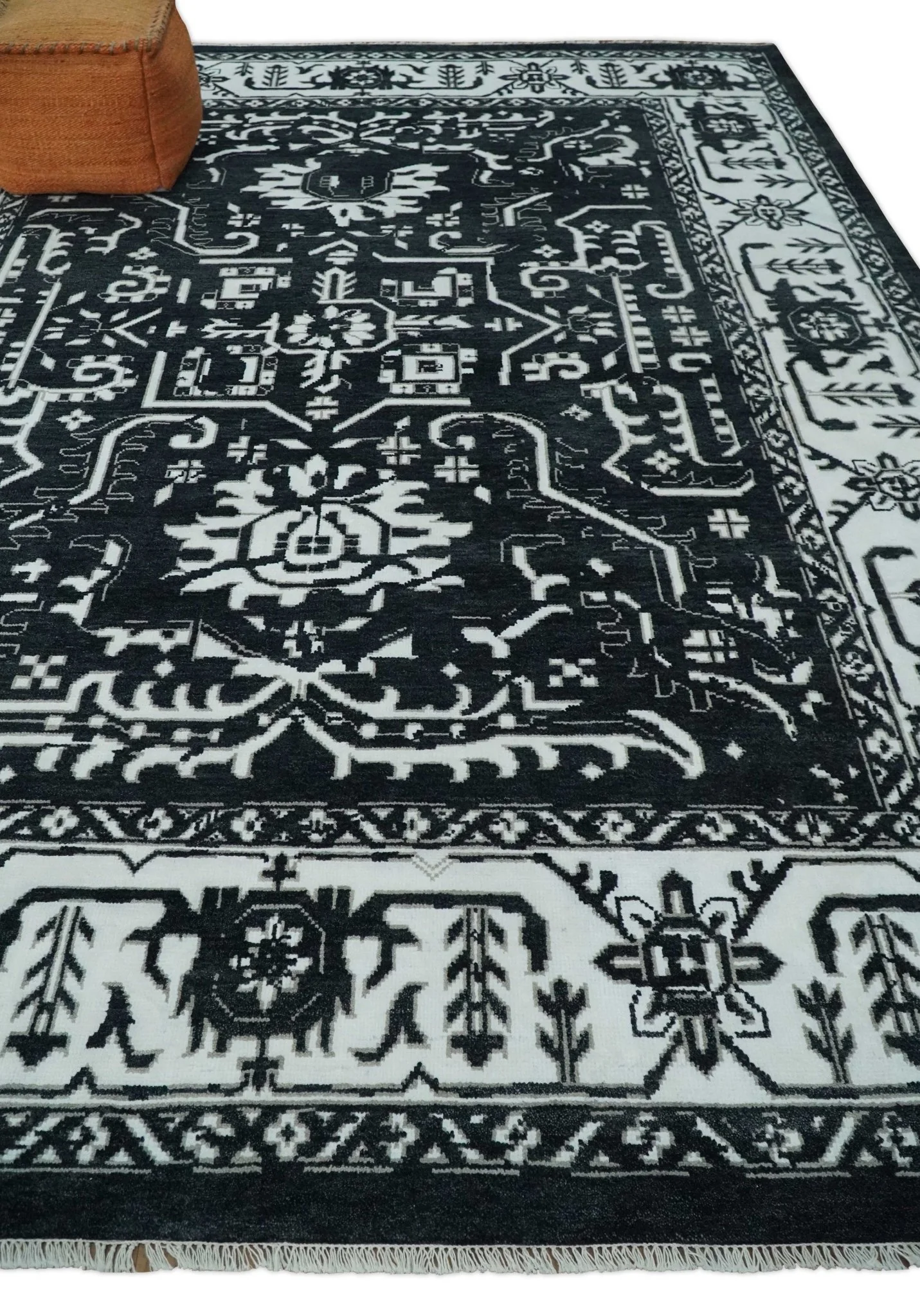 Black and White 6x9, 8x10 and 9x12 Hand Knotted Traditional Persian Oushak Wool and Viscose Rug, Accent Rug | TRDCP840 - Image 4