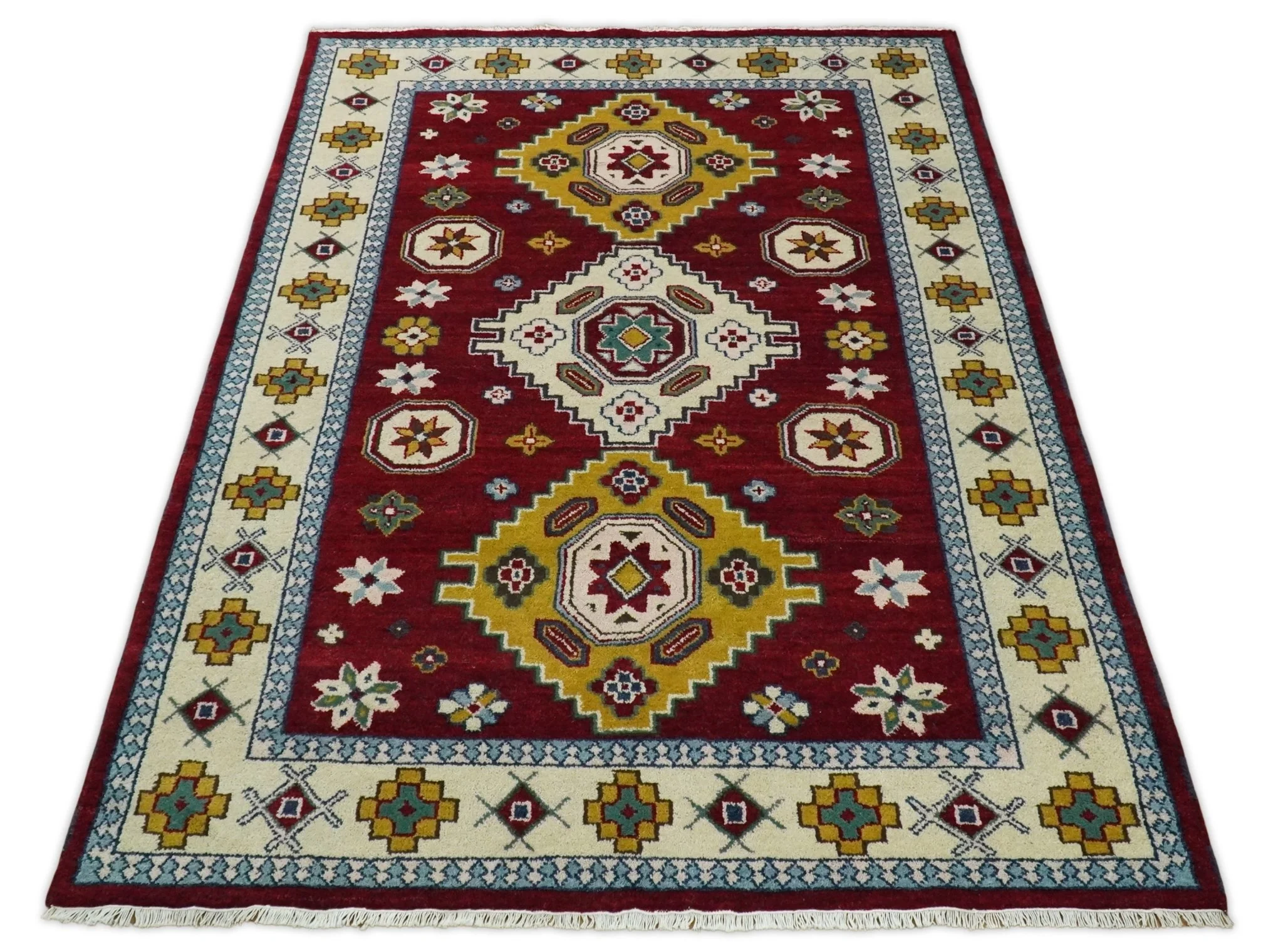 6x9 Hand Knotted Antique Kazak Red and Beige Traditional Tribal Armenian Rug | KZA16 - Image 9