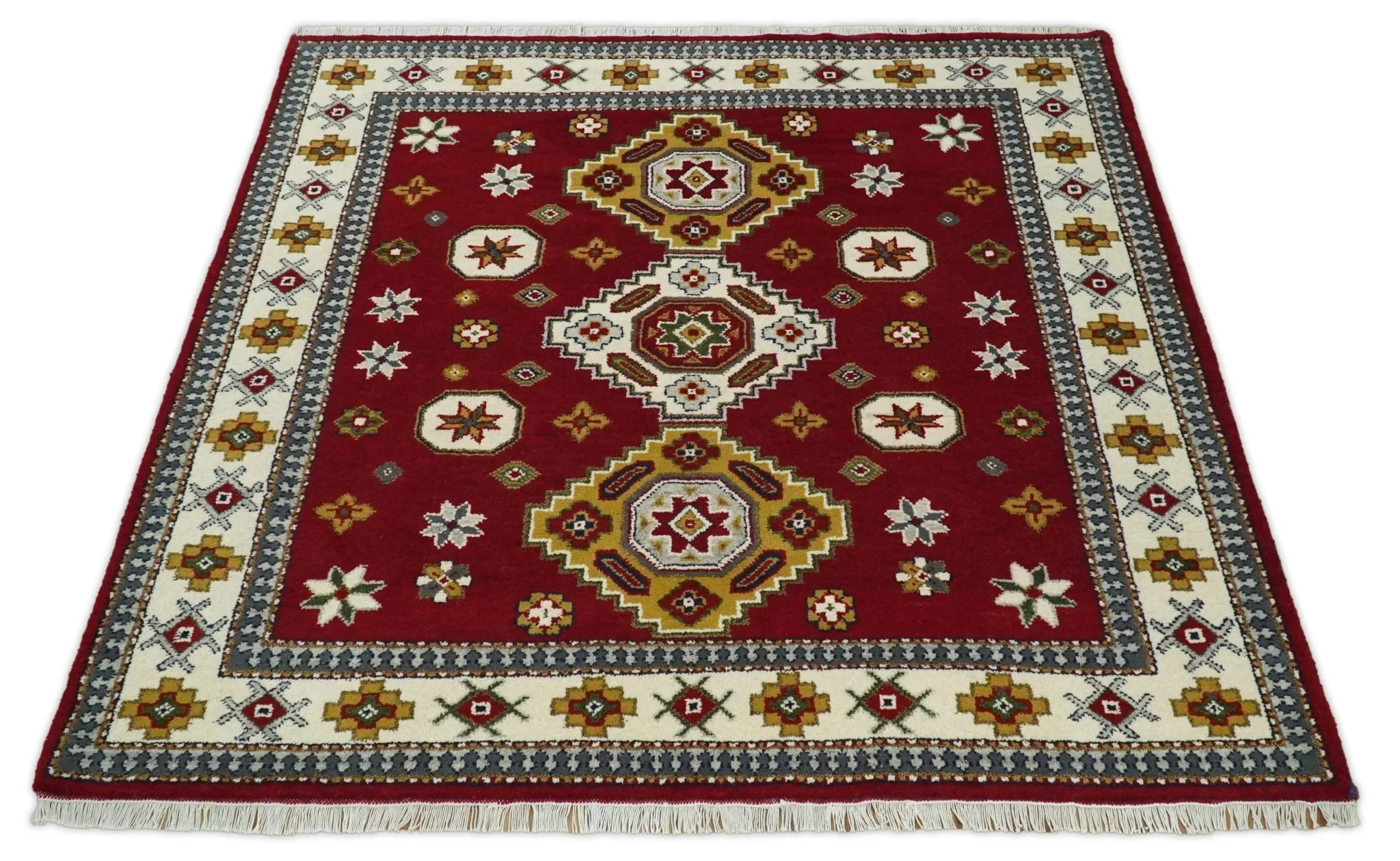 7x7 Sqaure Hand Knotted traditional Kazak Rust and Ivory Traditional Armenian Rug | KZA20 - Image 3