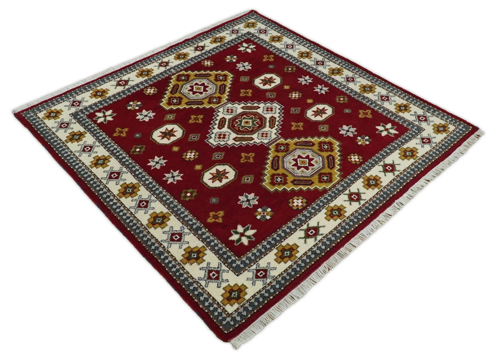 7x7 Sqaure Hand Knotted traditional Kazak Rust and Ivory Traditional Armenian Rug | KZA20 - Image 5