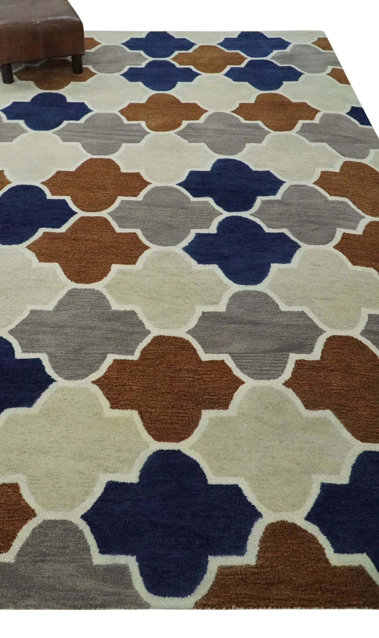 6x9 Ivory, Blue, Brown and Silver Ikat Pattern Hand Tufted Wool Area Rug - Image 3