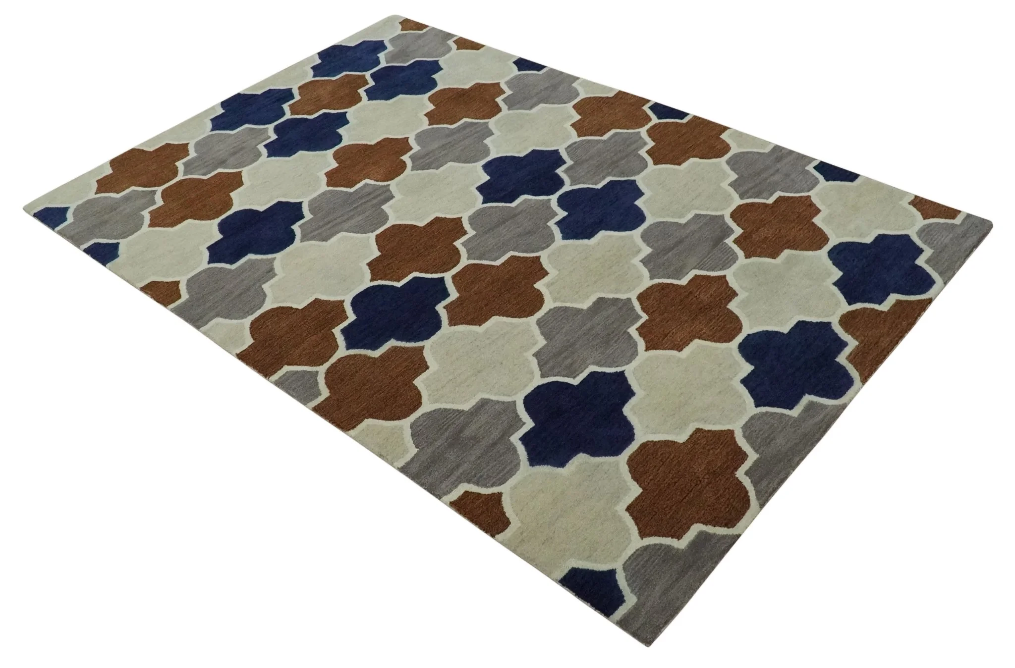 6x9 Ivory, Blue, Brown and Silver Ikat Pattern Hand Tufted Wool Area Rug - Image 9