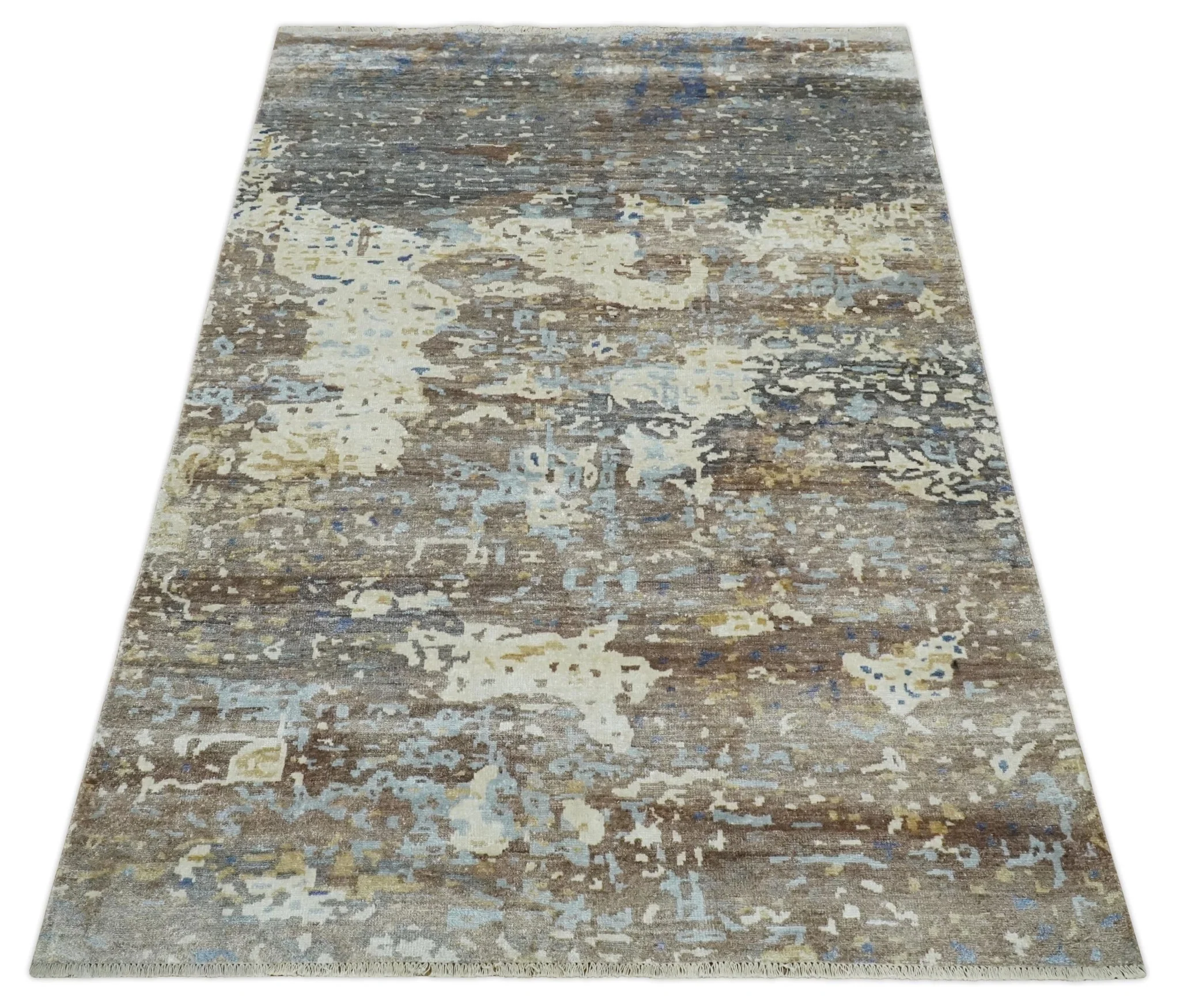 6x9 Ivory, Charcoal and Silver Modern Abstract Hand Knotted Wool Area Rug - Image 10