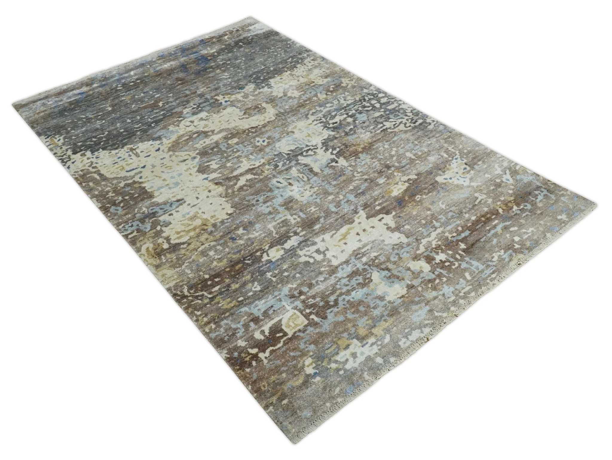 6x9 Ivory, Charcoal and Silver Modern Abstract Hand Knotted Wool Area Rug - Image 9