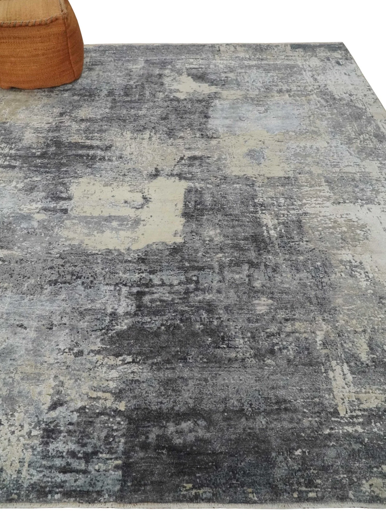 8x10 Charcoal, Beige and Gray Modern Abstract Distressed Finish High Low texture Hand Knotted Rug - Image 3