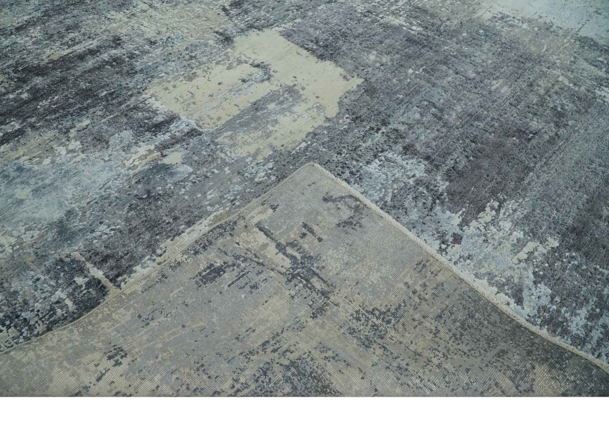 8x10 Charcoal, Beige and Gray Modern Abstract Distressed Finish High Low texture Hand Knotted Rug - Image 7