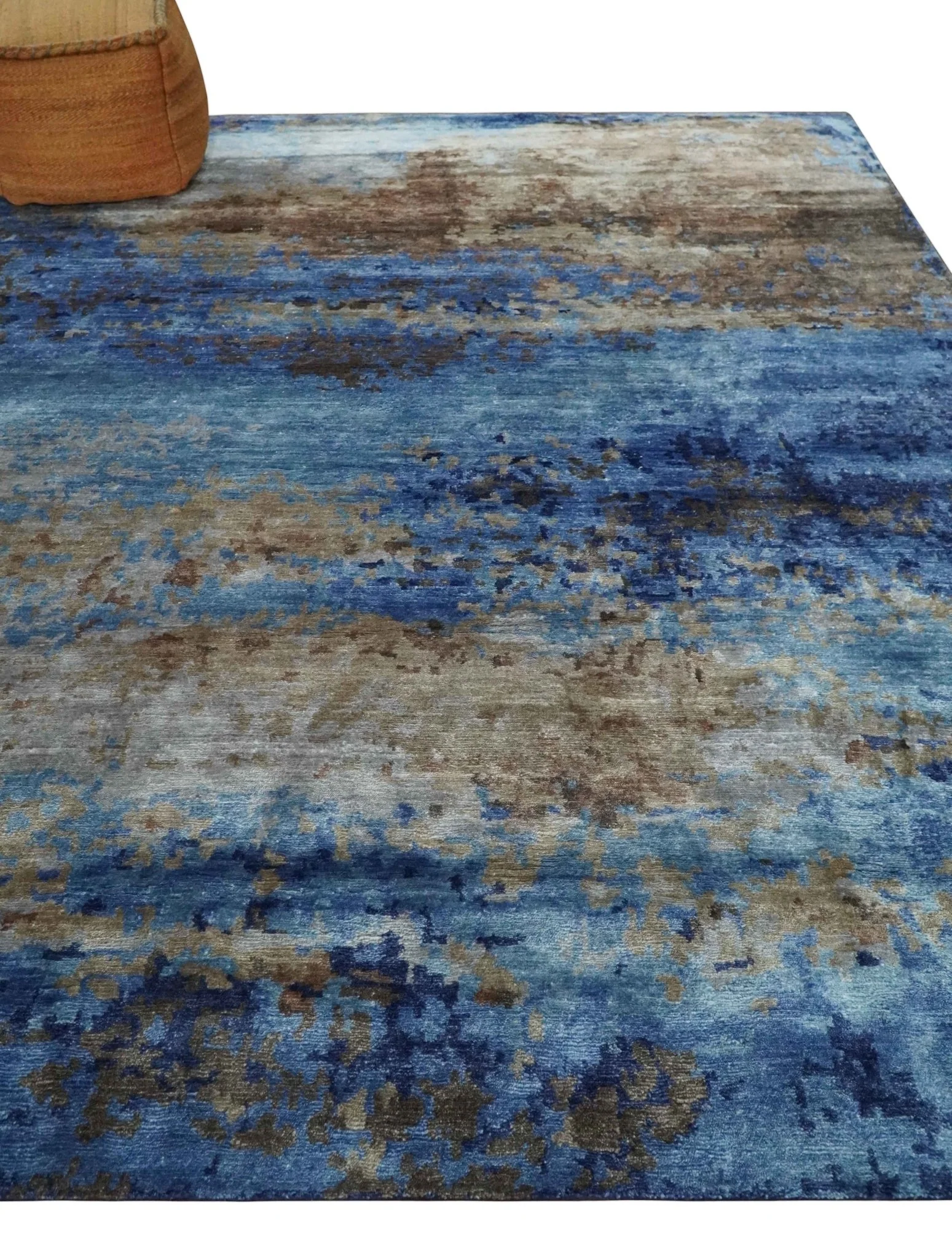 8x10 Blue, Beige and Brown Modern Abstract Hand Knotted wool and bamboo Silk Area Rug - Image 3