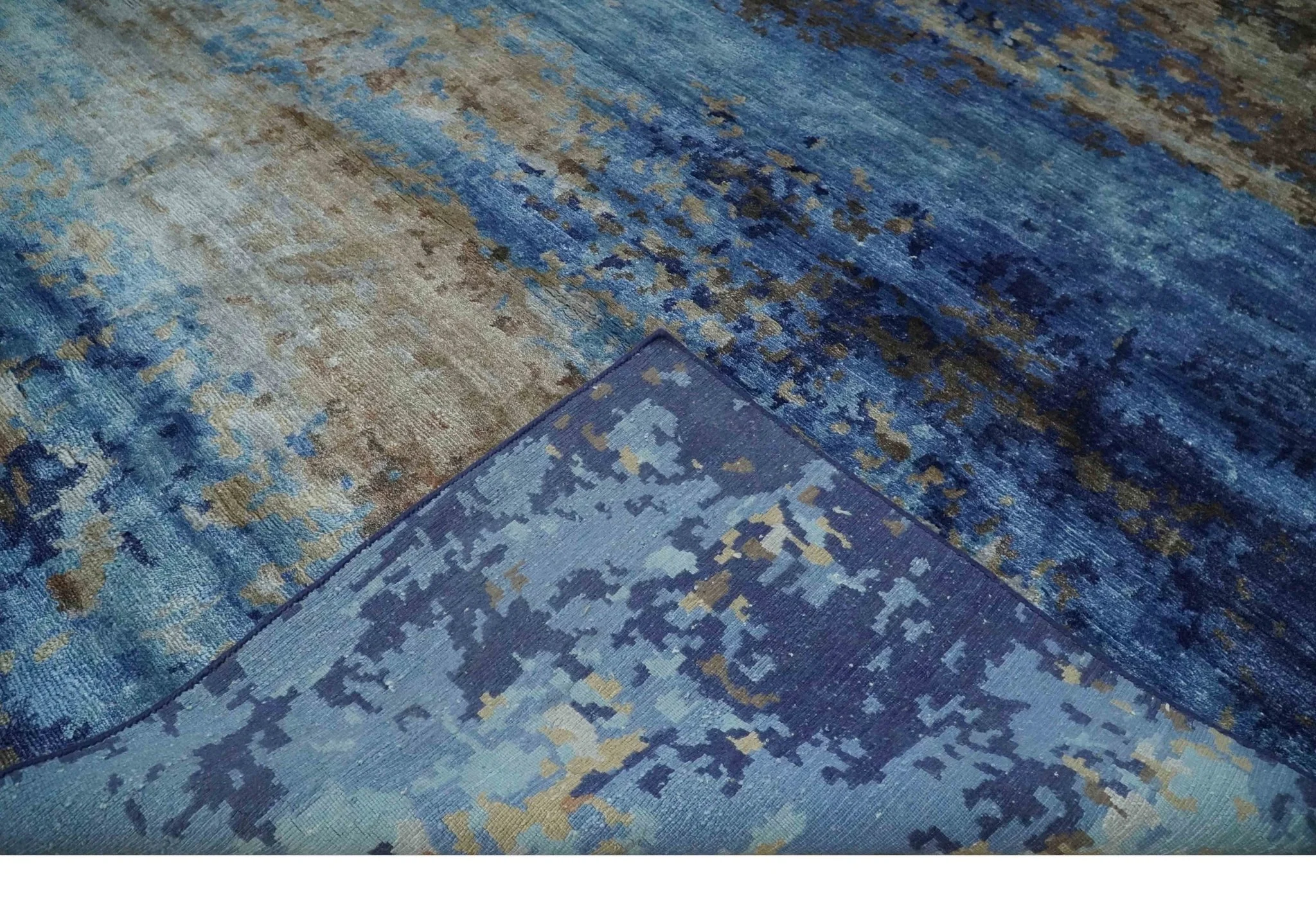 8x10 Blue, Beige and Brown Modern Abstract Hand Knotted wool and bamboo Silk Area Rug - Image 7