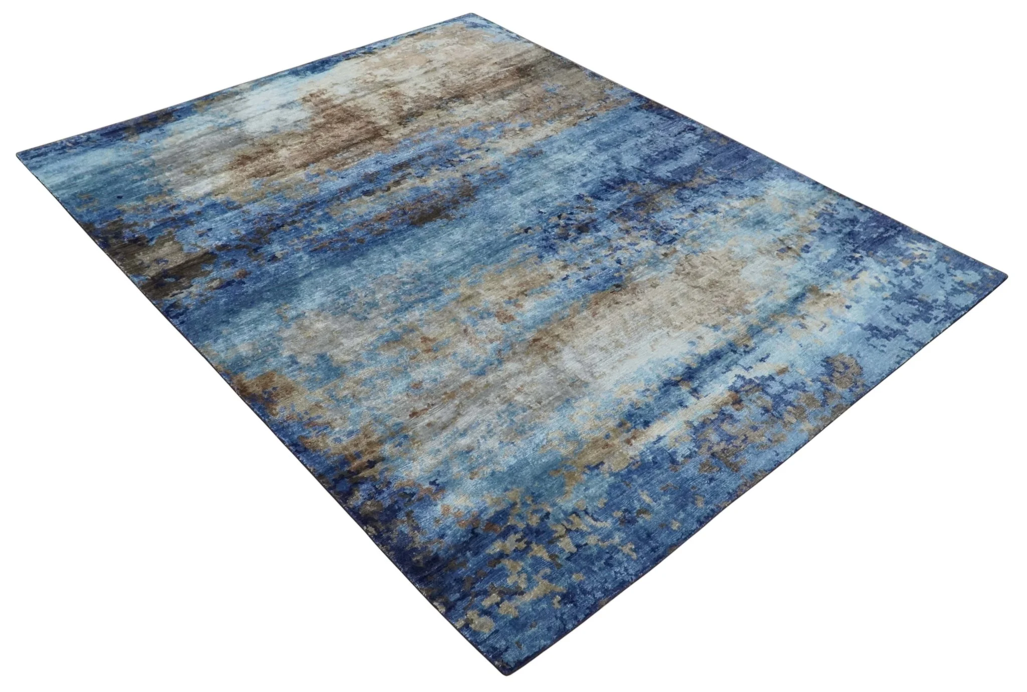 8x10 Blue, Beige and Brown Modern Abstract Hand Knotted wool and bamboo Silk Area Rug - Image 9