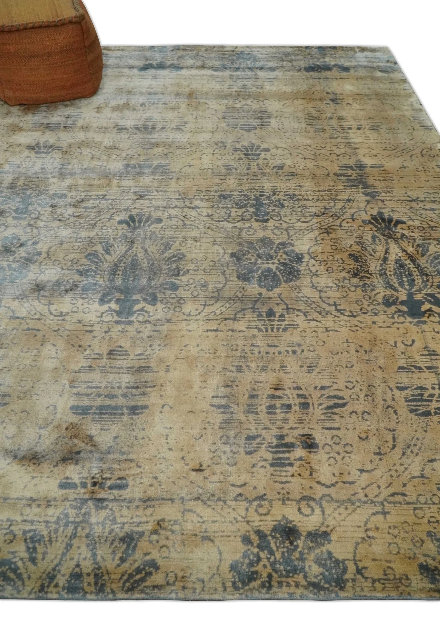 7.6x9x10 Charcoal and Gold Modern Ikat Design Handmade Art Silk Area Rug - Image 3
