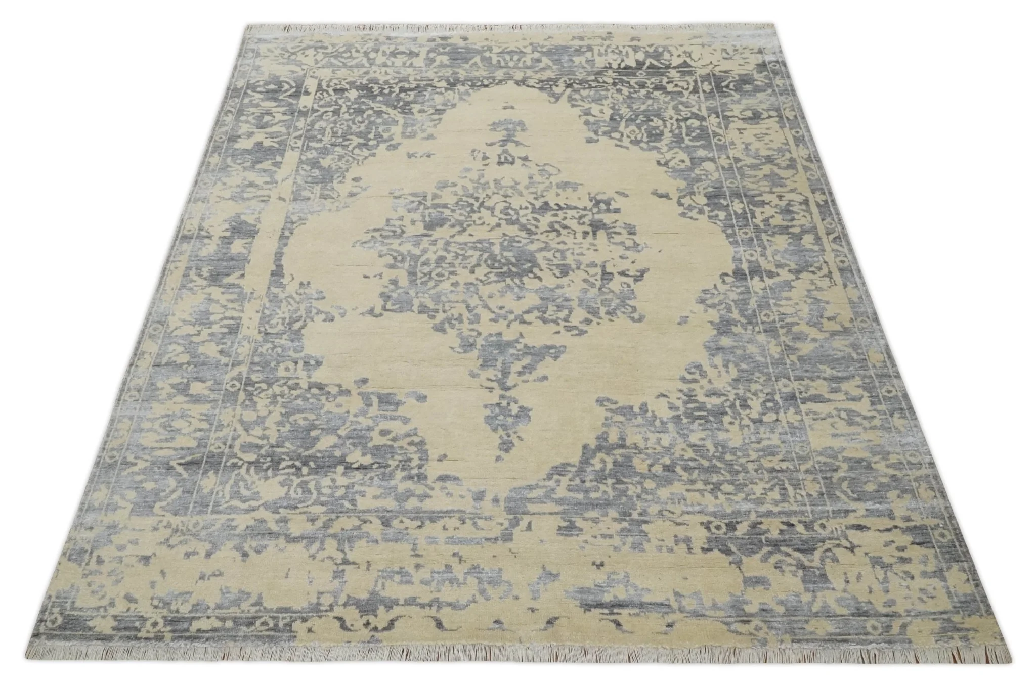 8x10 Beige, Charcoal and Silver Traditional Medallion Hand Knotted Wool and Bamboo Silk Area Rug - Image 10