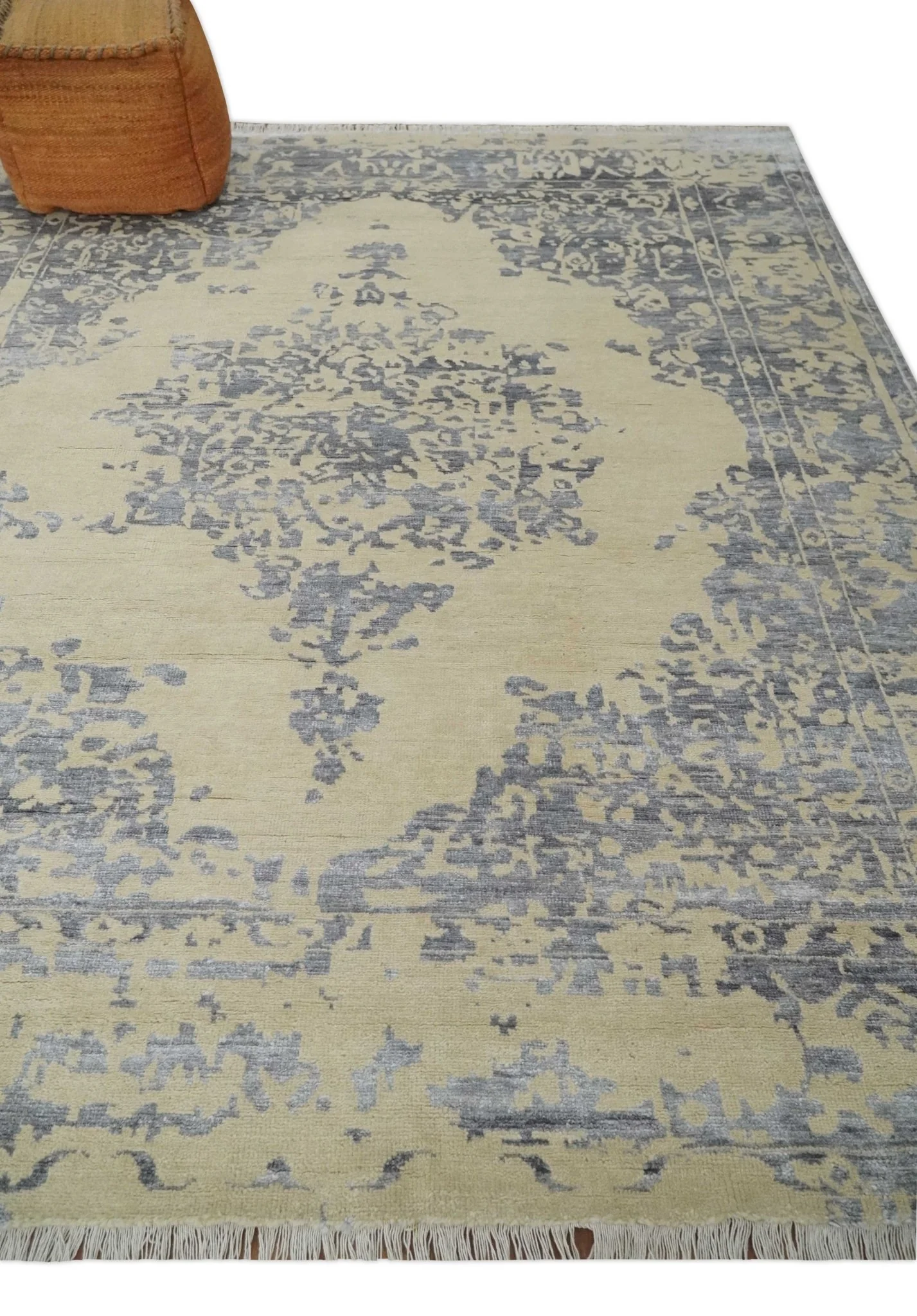 8x10 Beige, Charcoal and Silver Traditional Medallion Hand Knotted Wool and Bamboo Silk Area Rug - Image 3