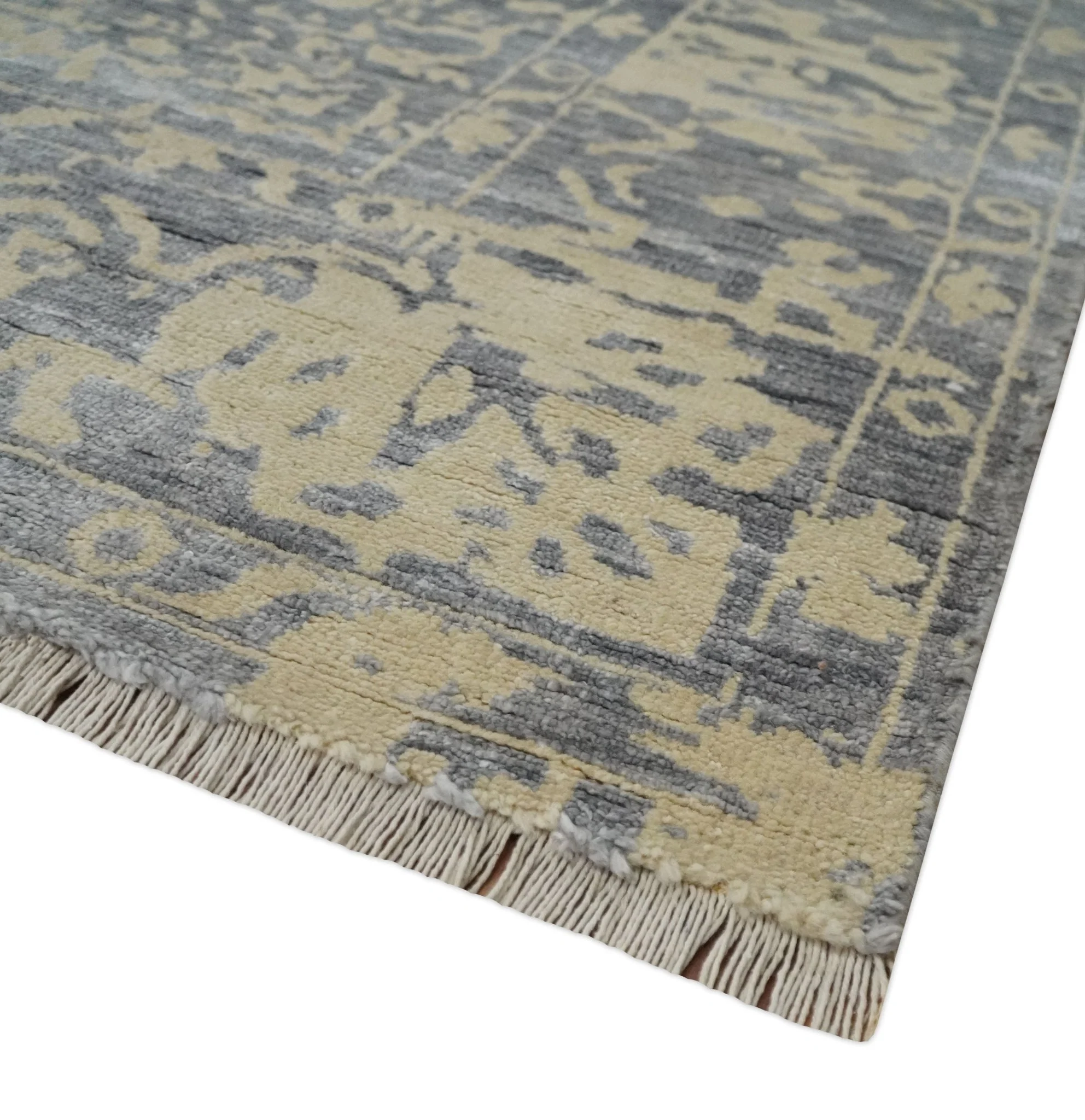 8x10 Beige, Charcoal and Silver Traditional Medallion Hand Knotted Wool and Bamboo Silk Area Rug - Image 5