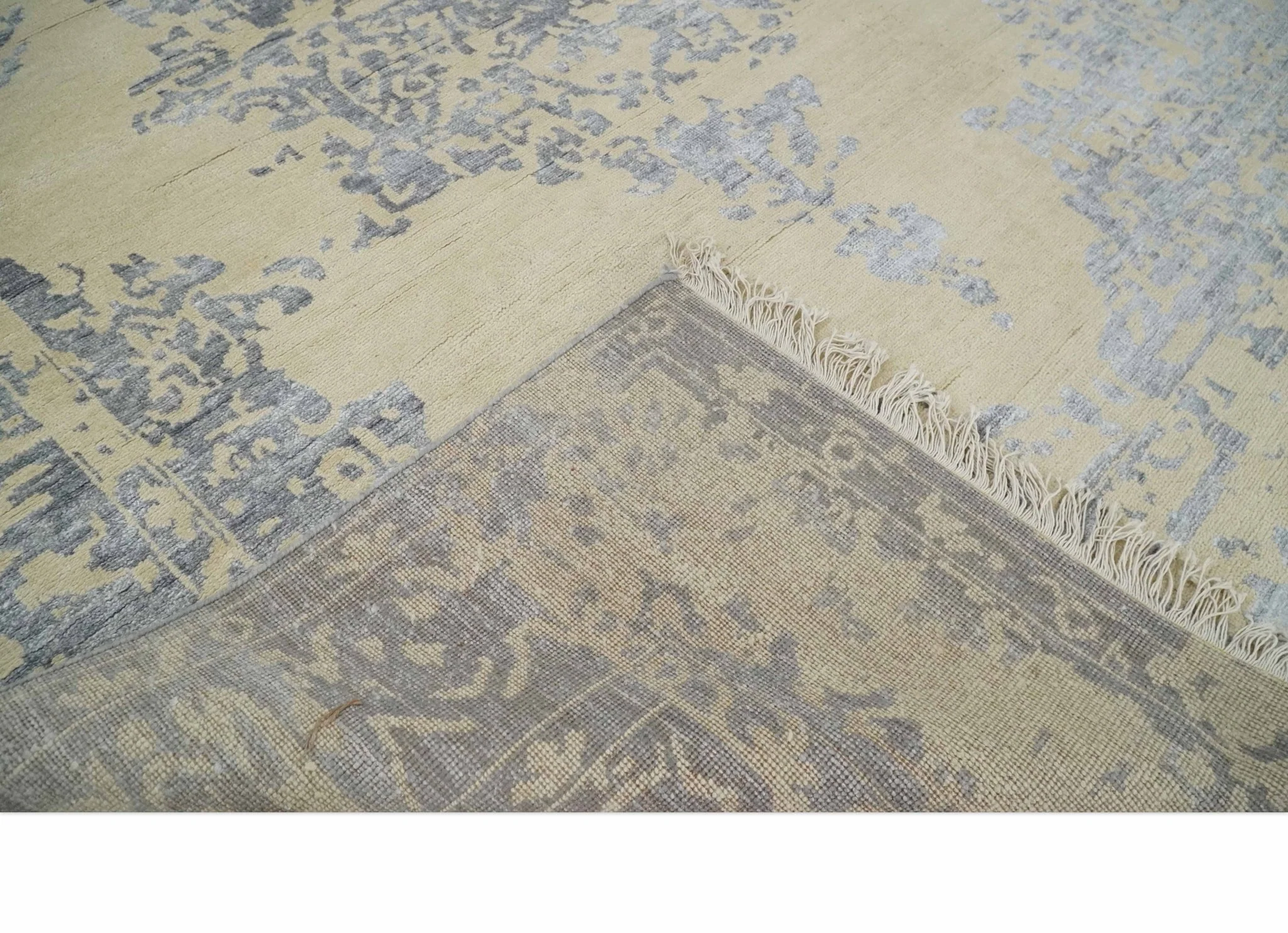 8x10 Beige, Charcoal and Silver Traditional Medallion Hand Knotted Wool and Bamboo Silk Area Rug - Image 8