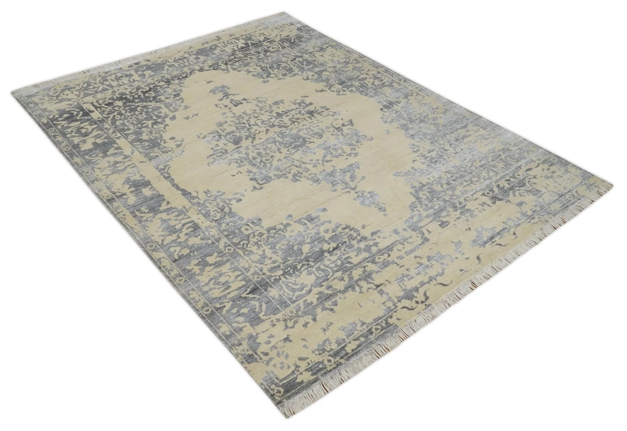 8x10 Beige, Charcoal and Silver Traditional Medallion Hand Knotted Wool and Bamboo Silk Area Rug - Image 9