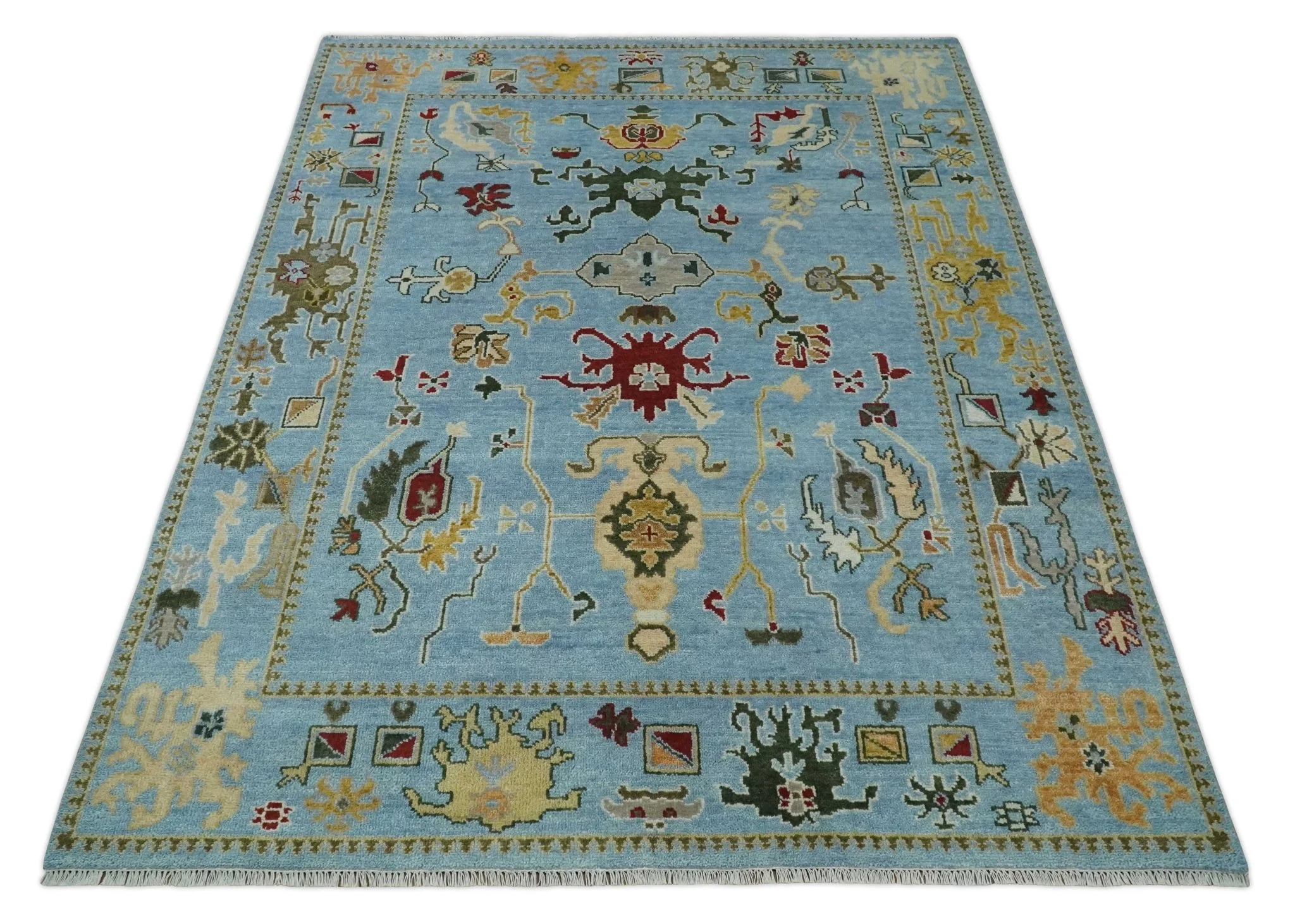 7.7x9.9 hand knotted Blue Vibrant Colorful Traditional Oushak Rug - Image 10