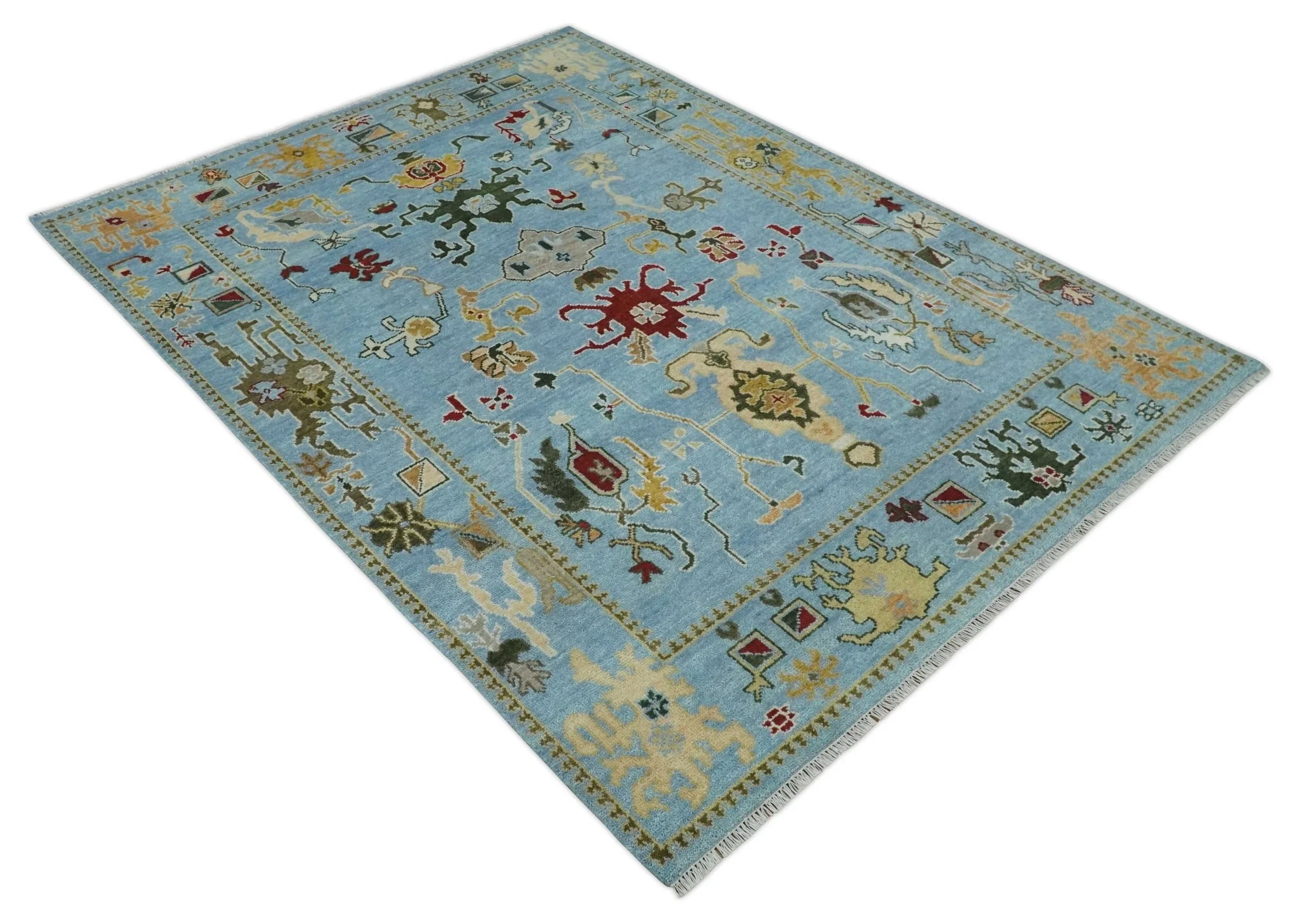 7.7x9.9 hand knotted Blue Vibrant Colorful Traditional Oushak Rug - Image 9