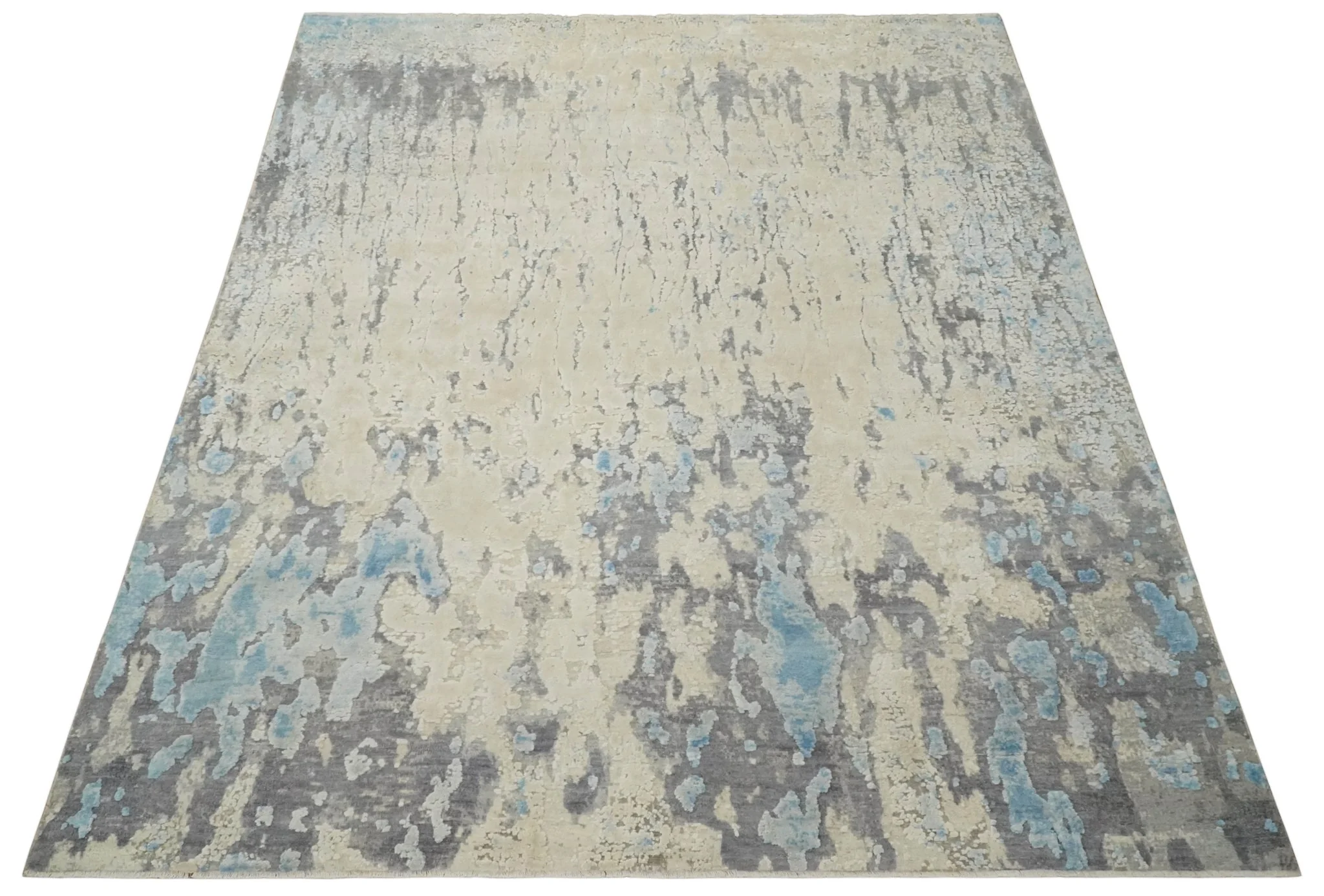 Hand Carved Abstract 8x10 Beige, Charcoal and Blue Hand Knotted Wool and Real Silk Area Rug - Image 10