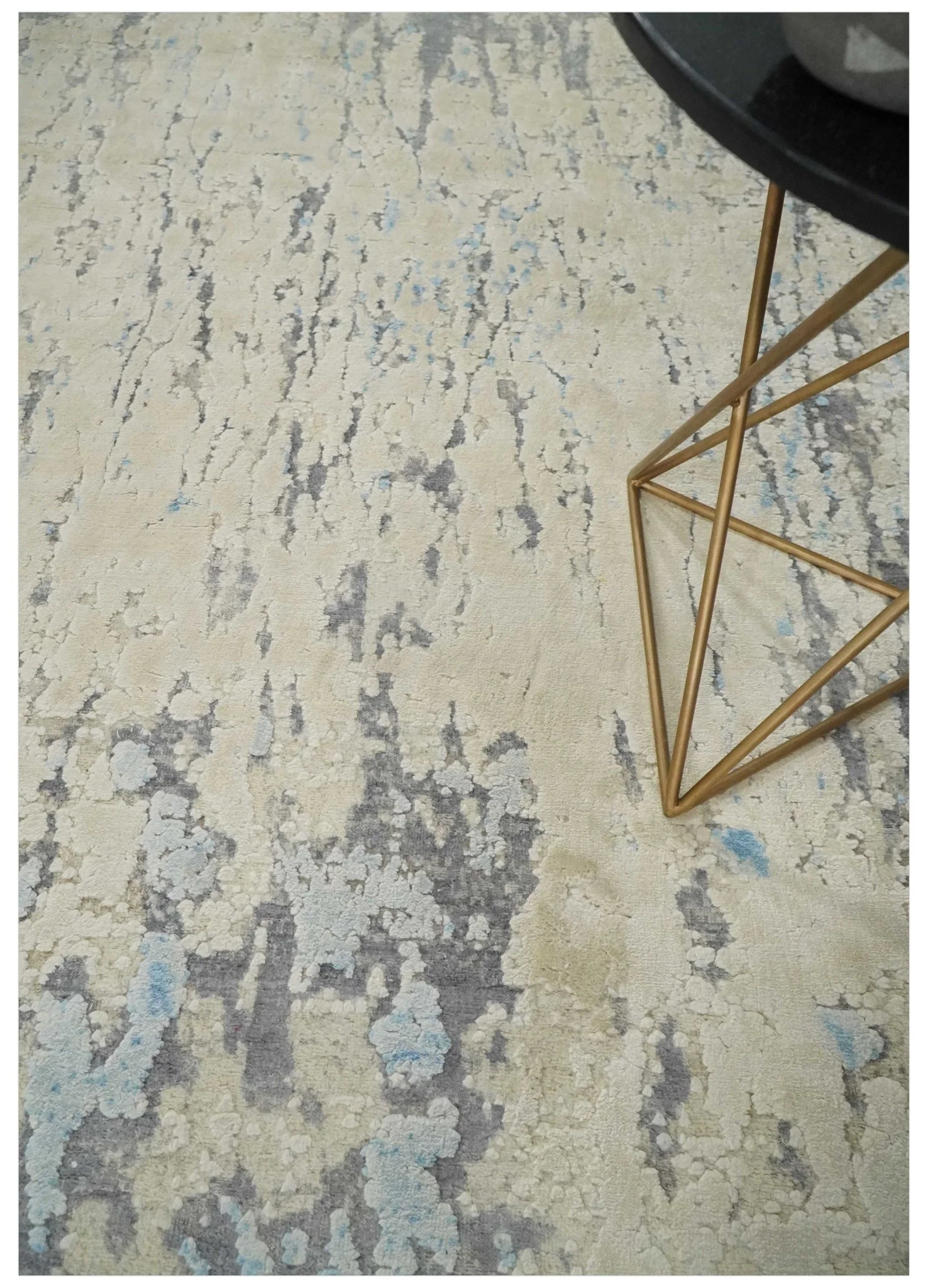 Hand Carved Abstract 8x10 Beige, Charcoal and Blue Hand Knotted Wool and Real Silk Area Rug - Image 2