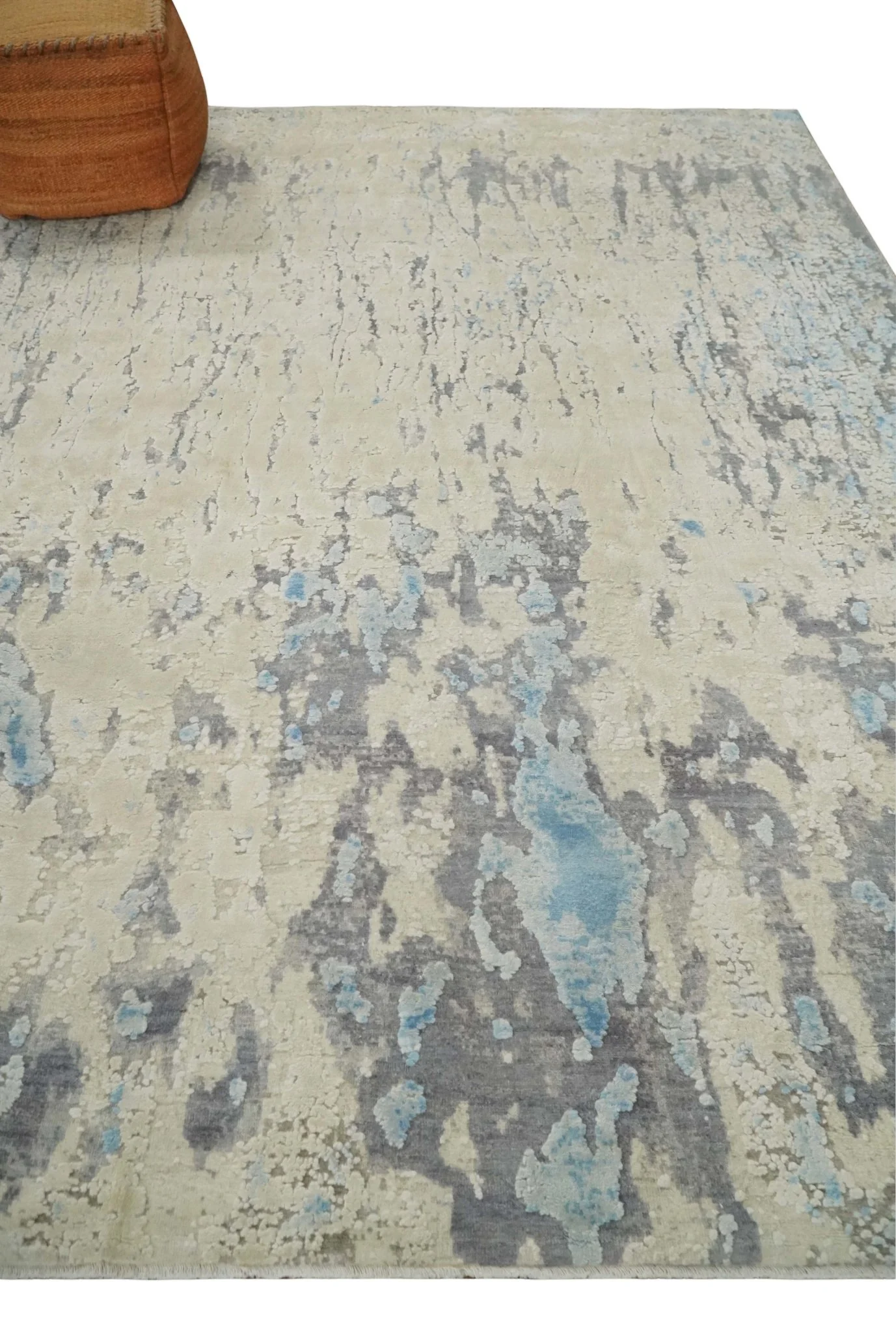 Hand Carved Abstract 8x10 Beige, Charcoal and Blue Hand Knotted Wool and Real Silk Area Rug - Image 3