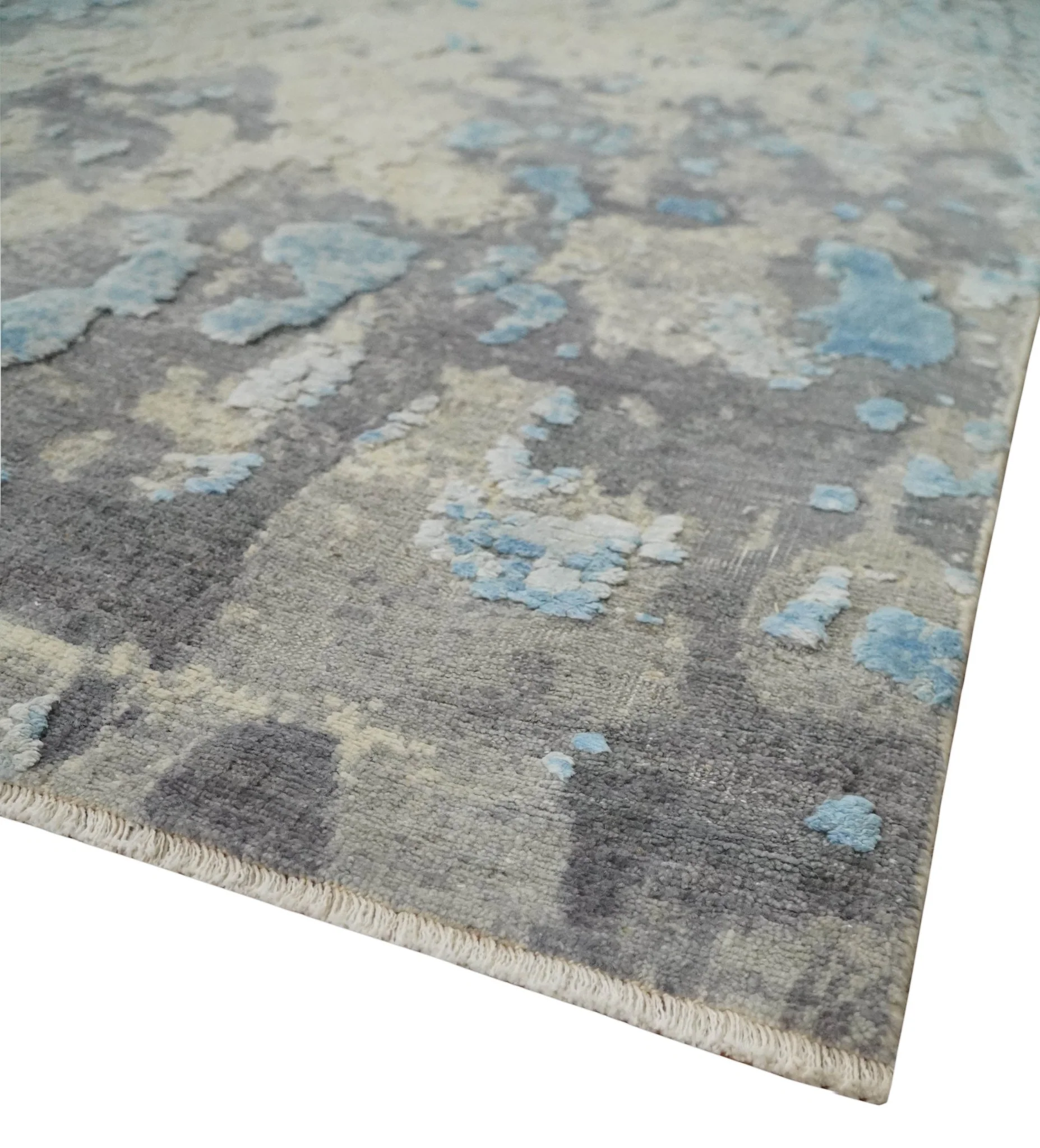Hand Carved Abstract 8x10 Beige, Charcoal and Blue Hand Knotted Wool and Real Silk Area Rug - Image 5