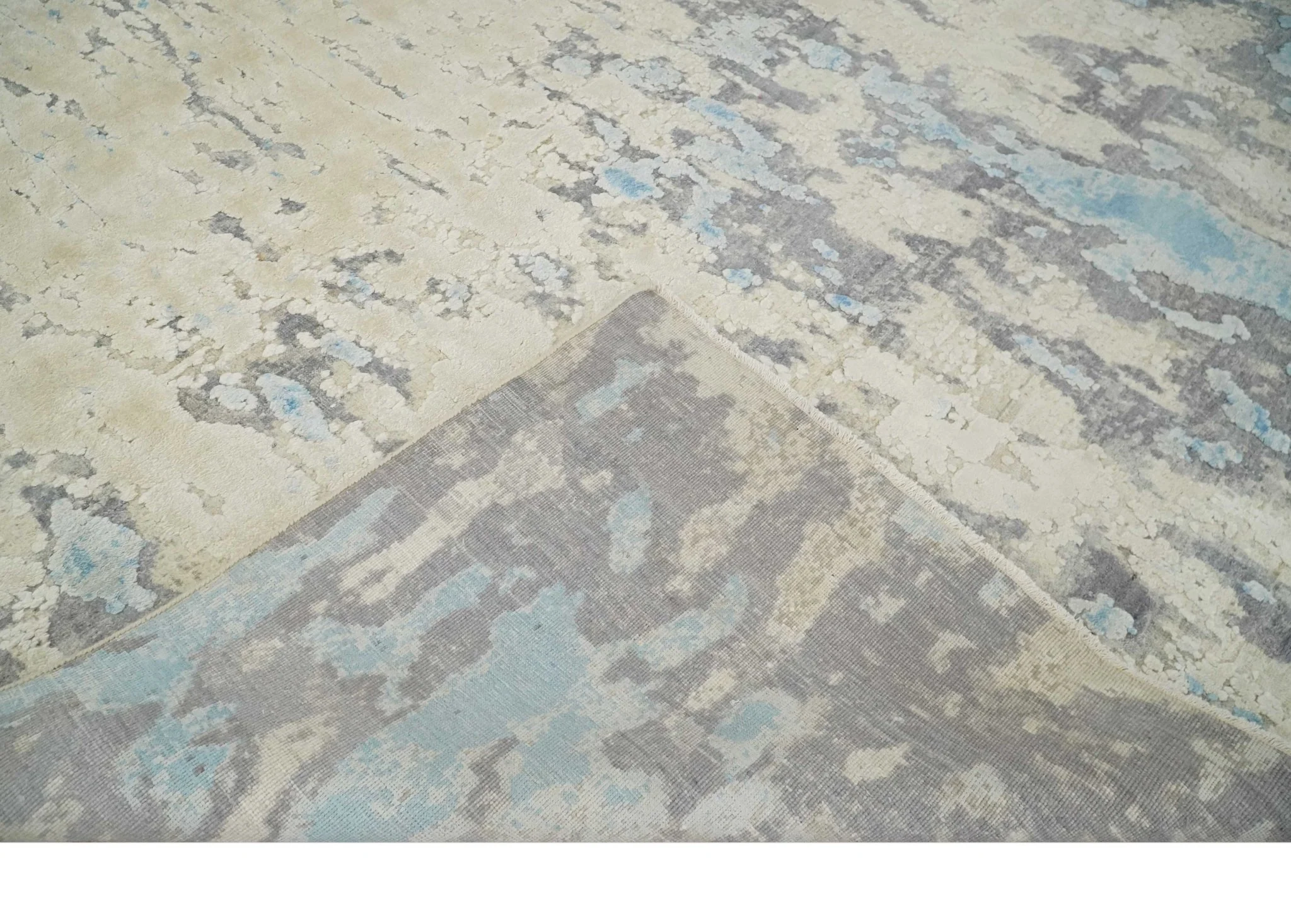 Hand Carved Abstract 8x10 Beige, Charcoal and Blue Hand Knotted Wool and Real Silk Area Rug - Image 7