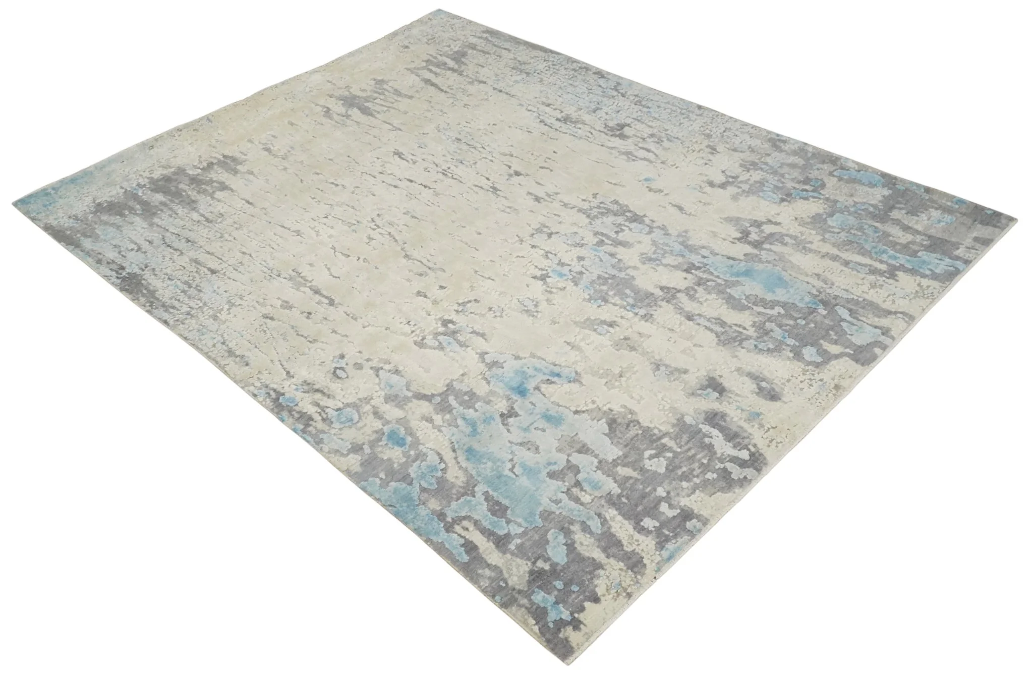Hand Carved Abstract 8x10 Beige, Charcoal and Blue Hand Knotted Wool and Real Silk Area Rug - Image 9