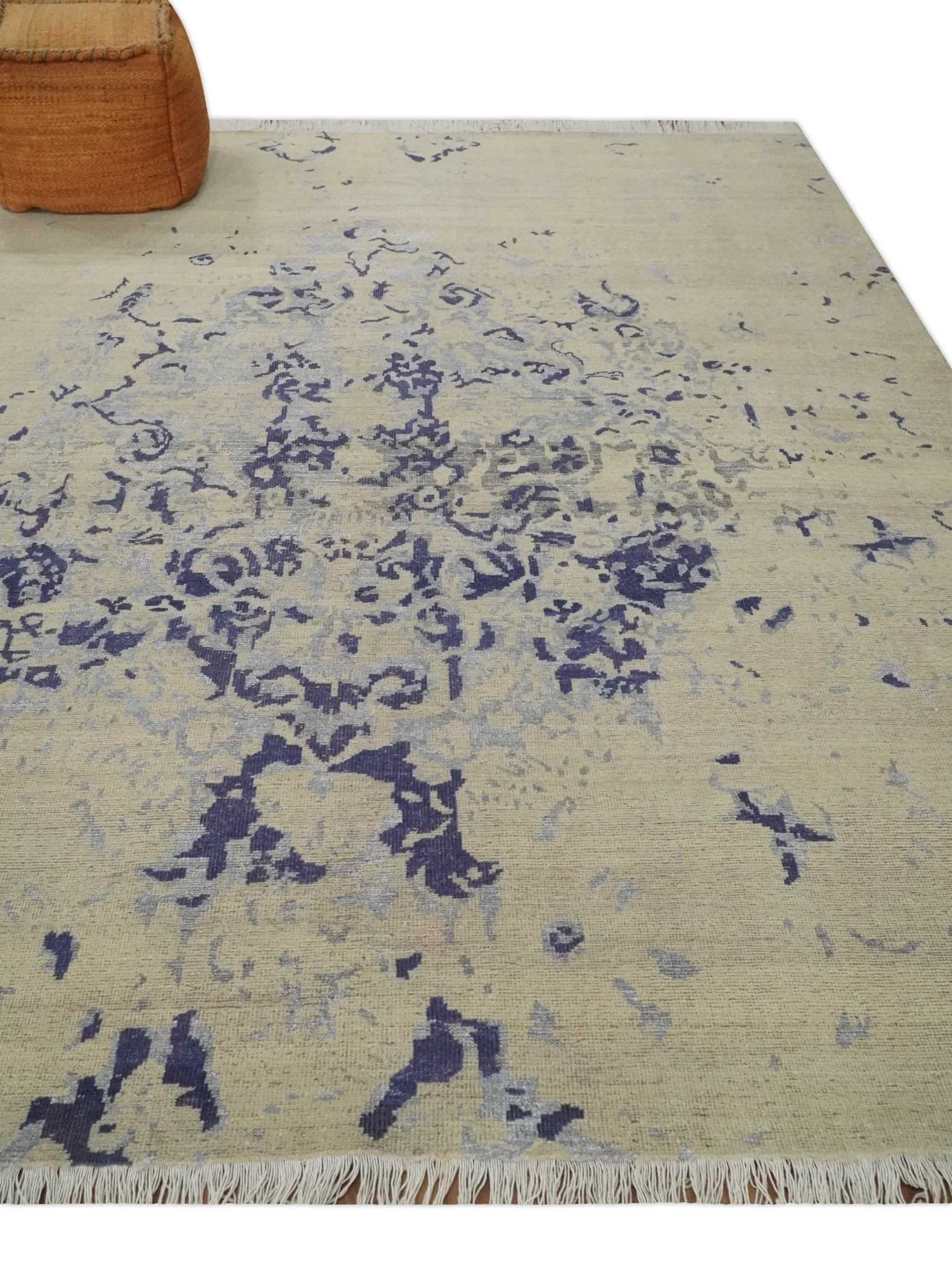 8x10 Beige, Blue and Silver Antique Style, Abstract Hand Knotted Low pile Wool Area Rug - Image 3