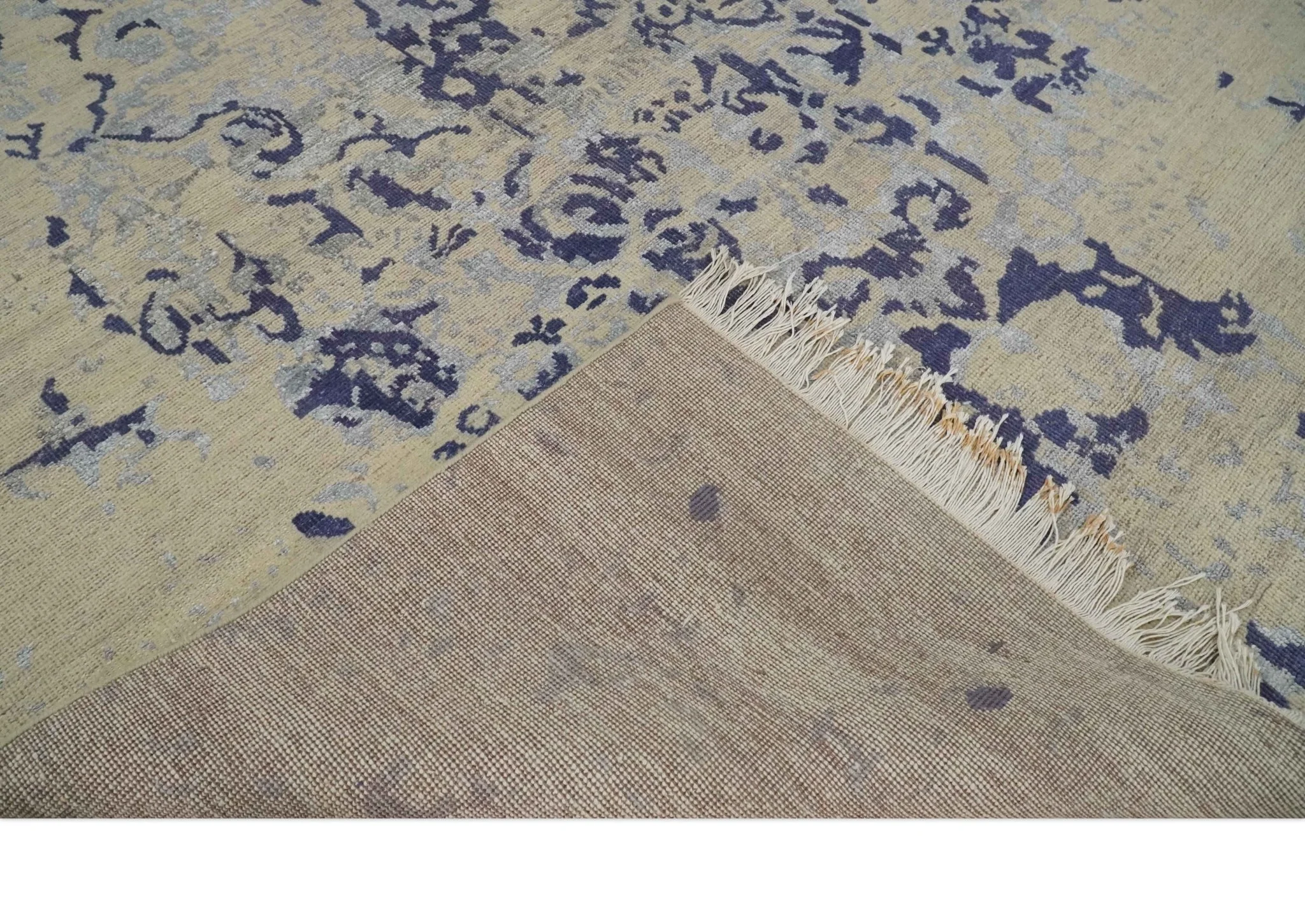 8x10 Beige, Blue and Silver Antique Style, Abstract Hand Knotted Low pile Wool Area Rug - Image 7