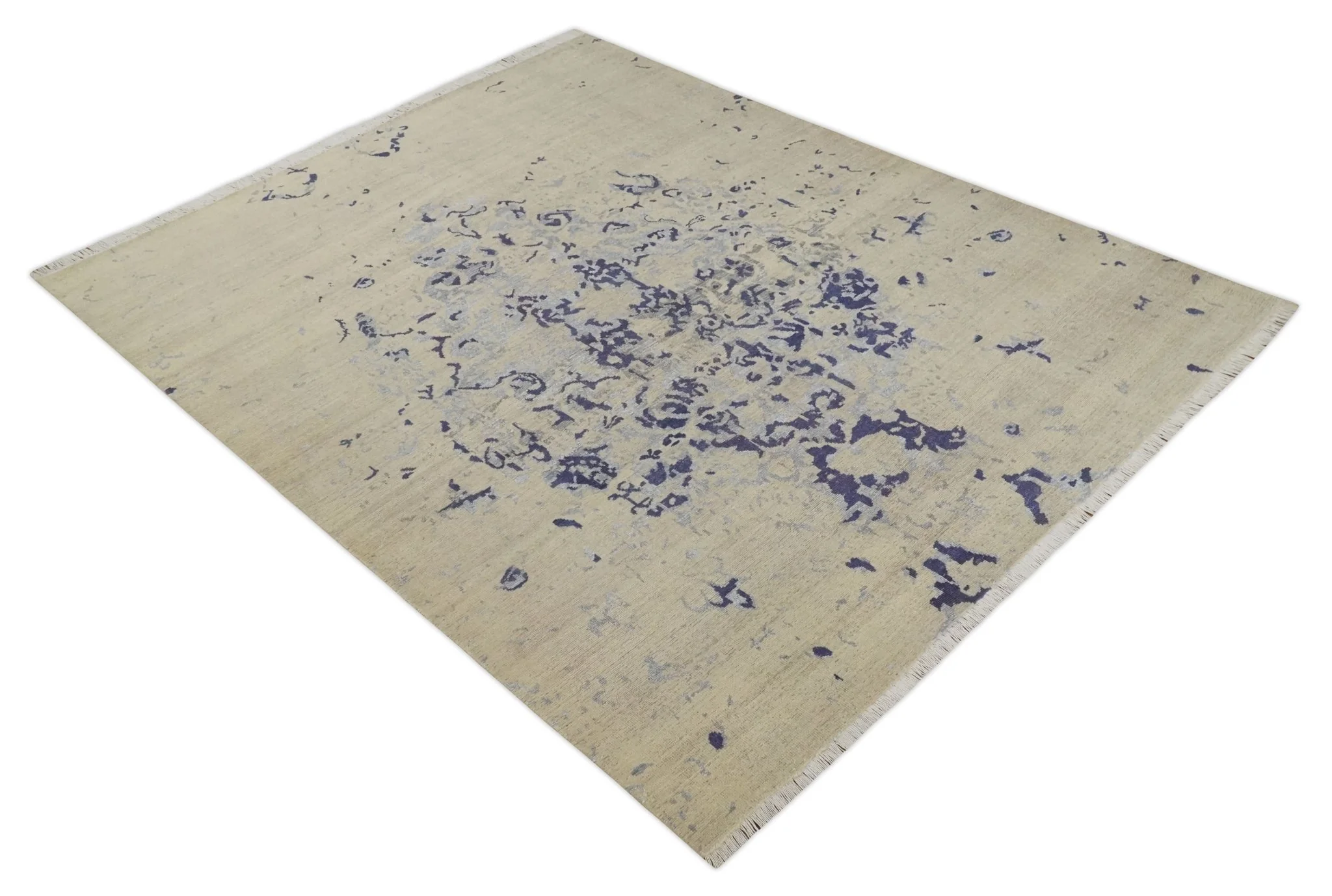 8x10 Beige, Blue and Silver Antique Style, Abstract Hand Knotted Low pile Wool Area Rug - Image 9