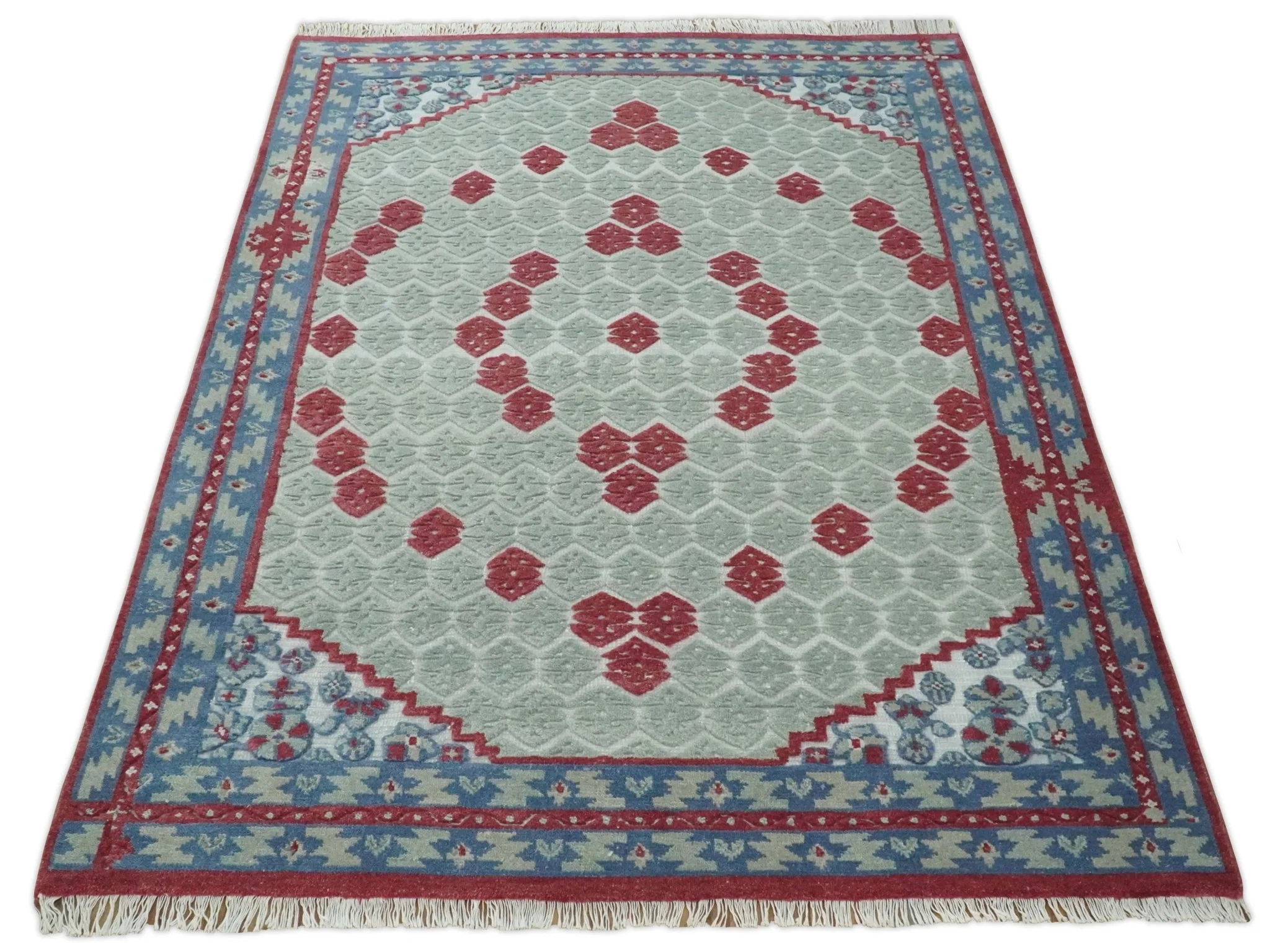7x10 Hand Knotted Green, Red and Blue Traditional Persian Oushak Wool Rug | AC7710 - Image 8
