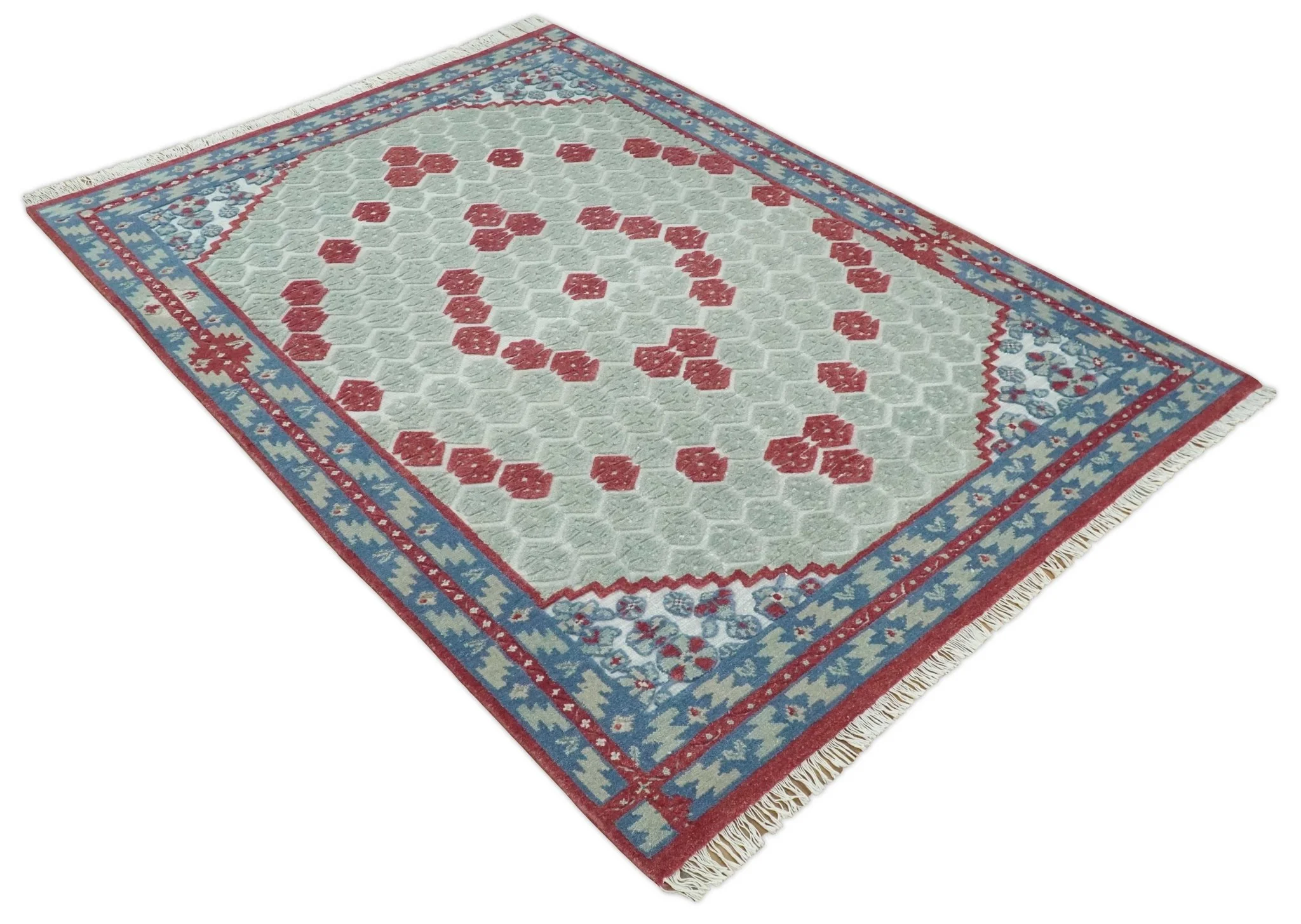7x10 Hand Knotted Green, Red and Blue Traditional Persian Oushak Wool Rug | AC7710 - Image 9