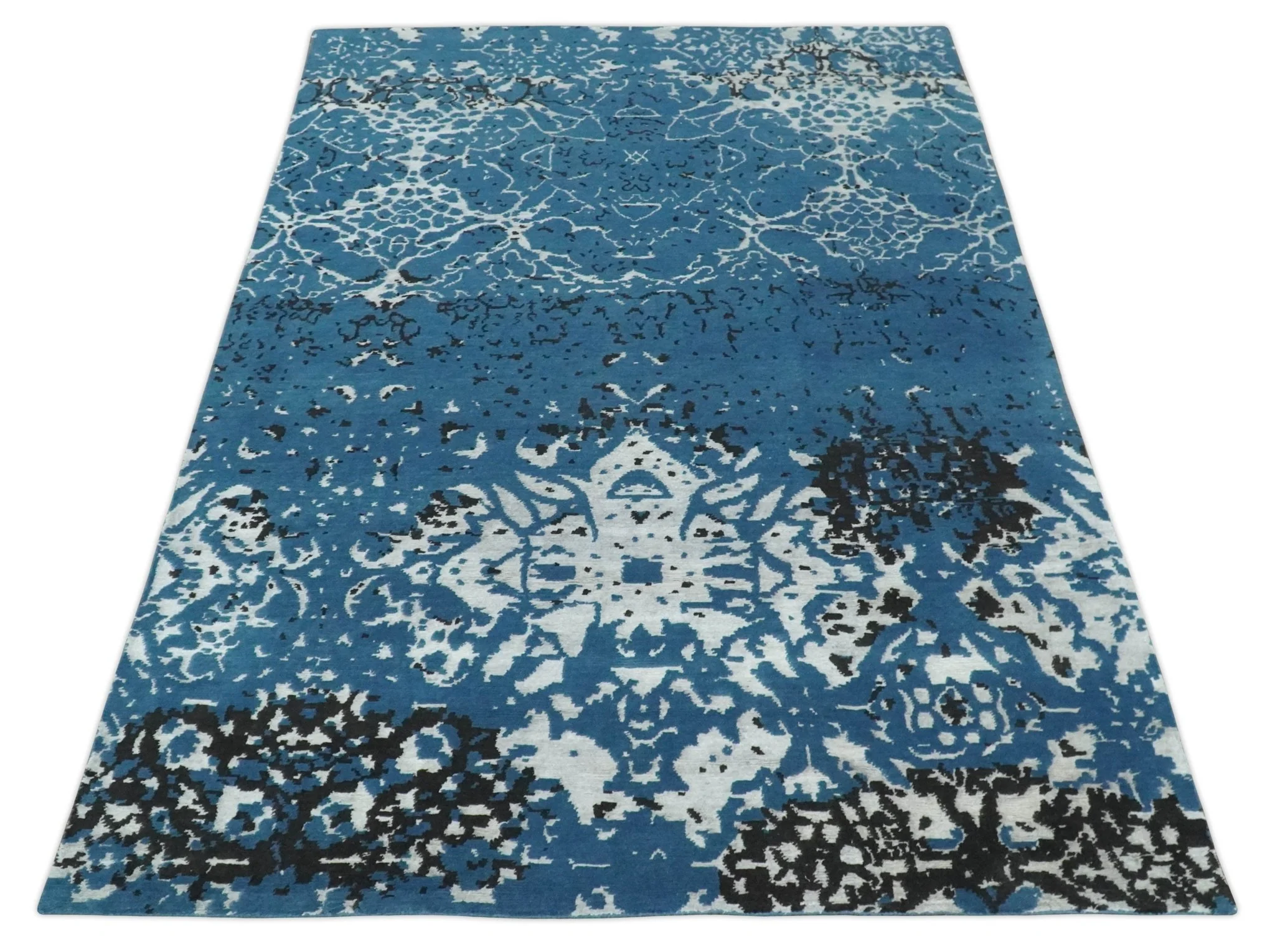 Transitional 7x10 Ivory, Blue and Black Modern Abstract Hand knotted Wool Area Rug - Image 10