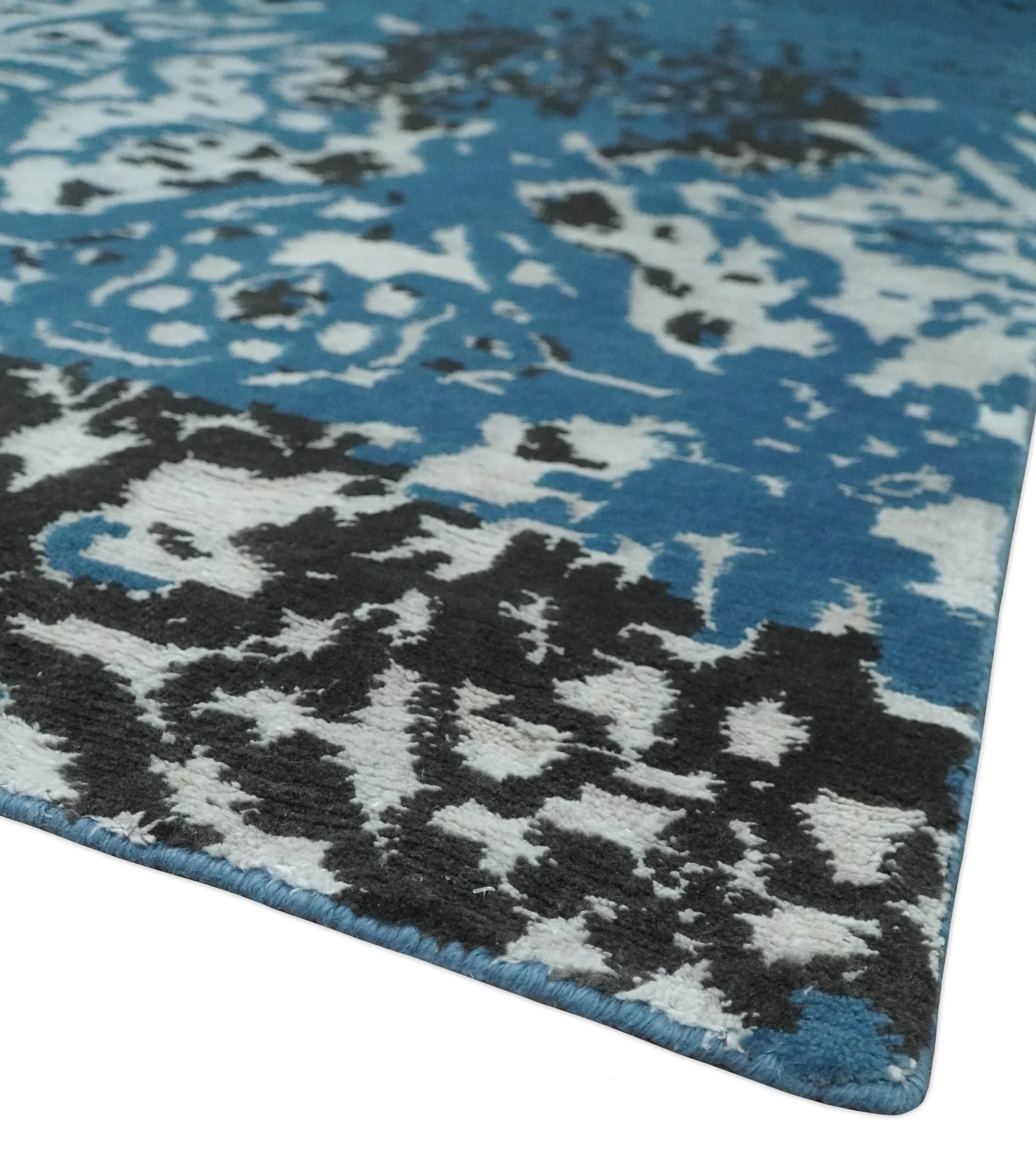Transitional 7x10 Ivory, Blue and Black Modern Abstract Hand knotted Wool Area Rug - Image 5